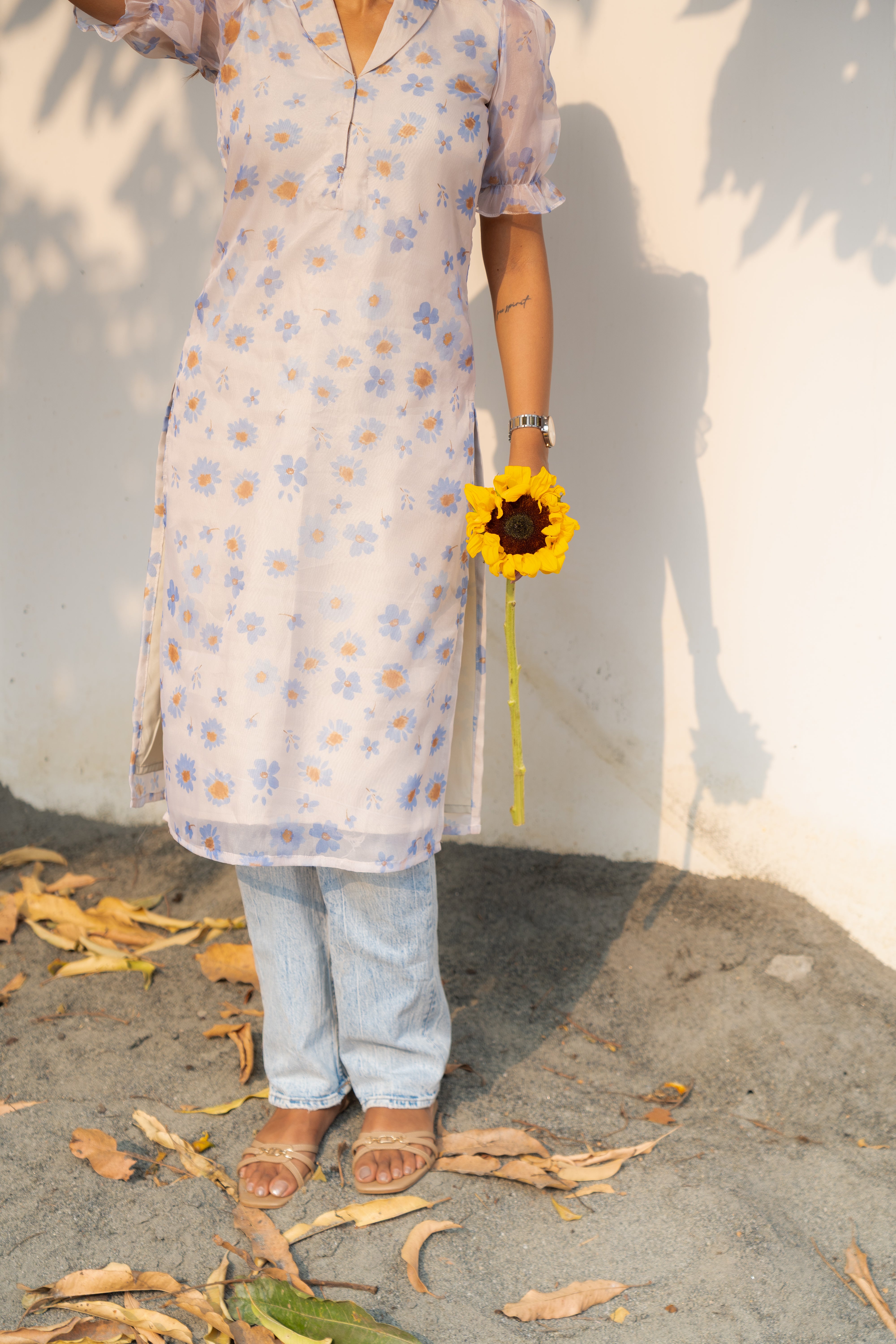 Blue pea floral organza kurti