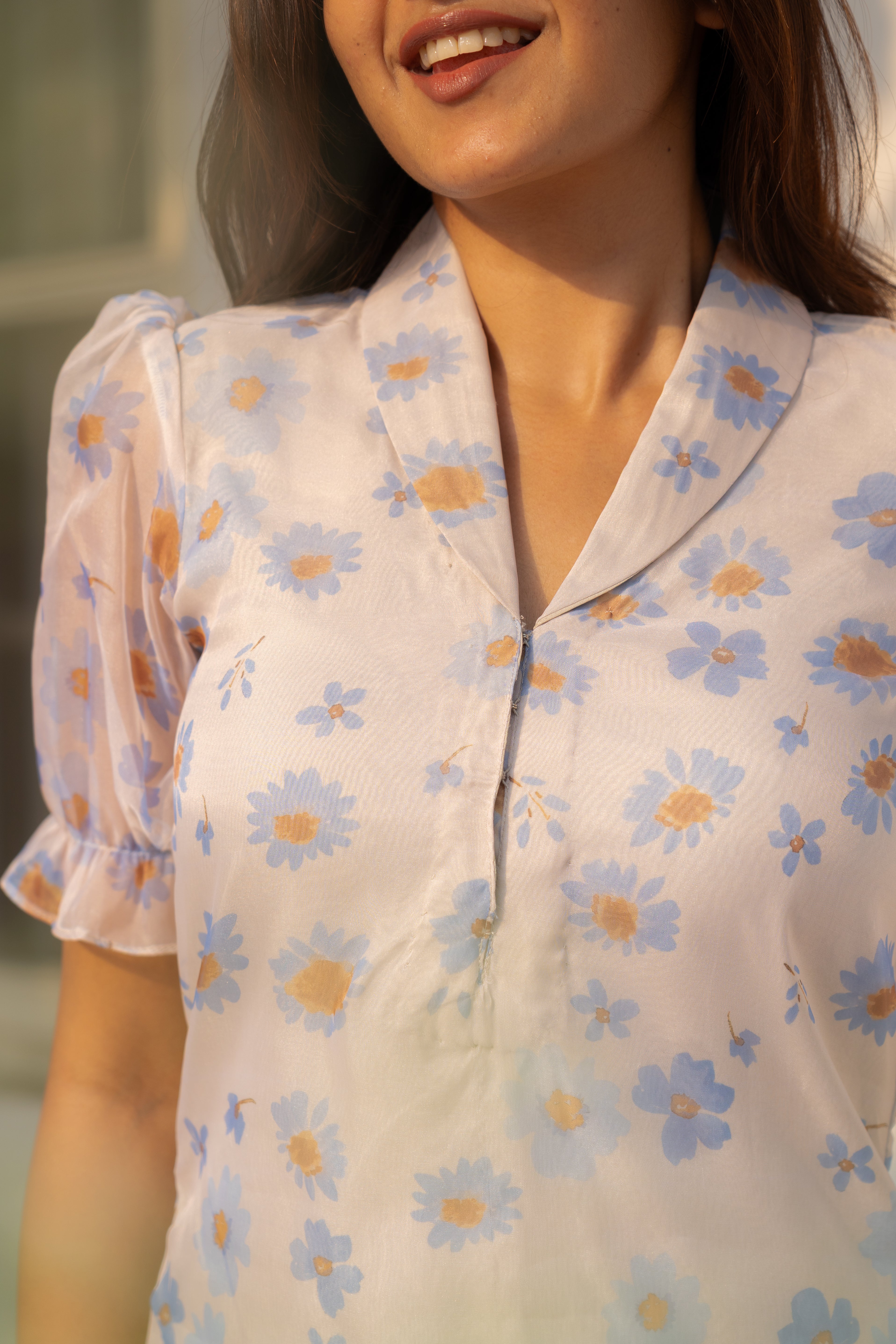 Blue pea floral organza kurti