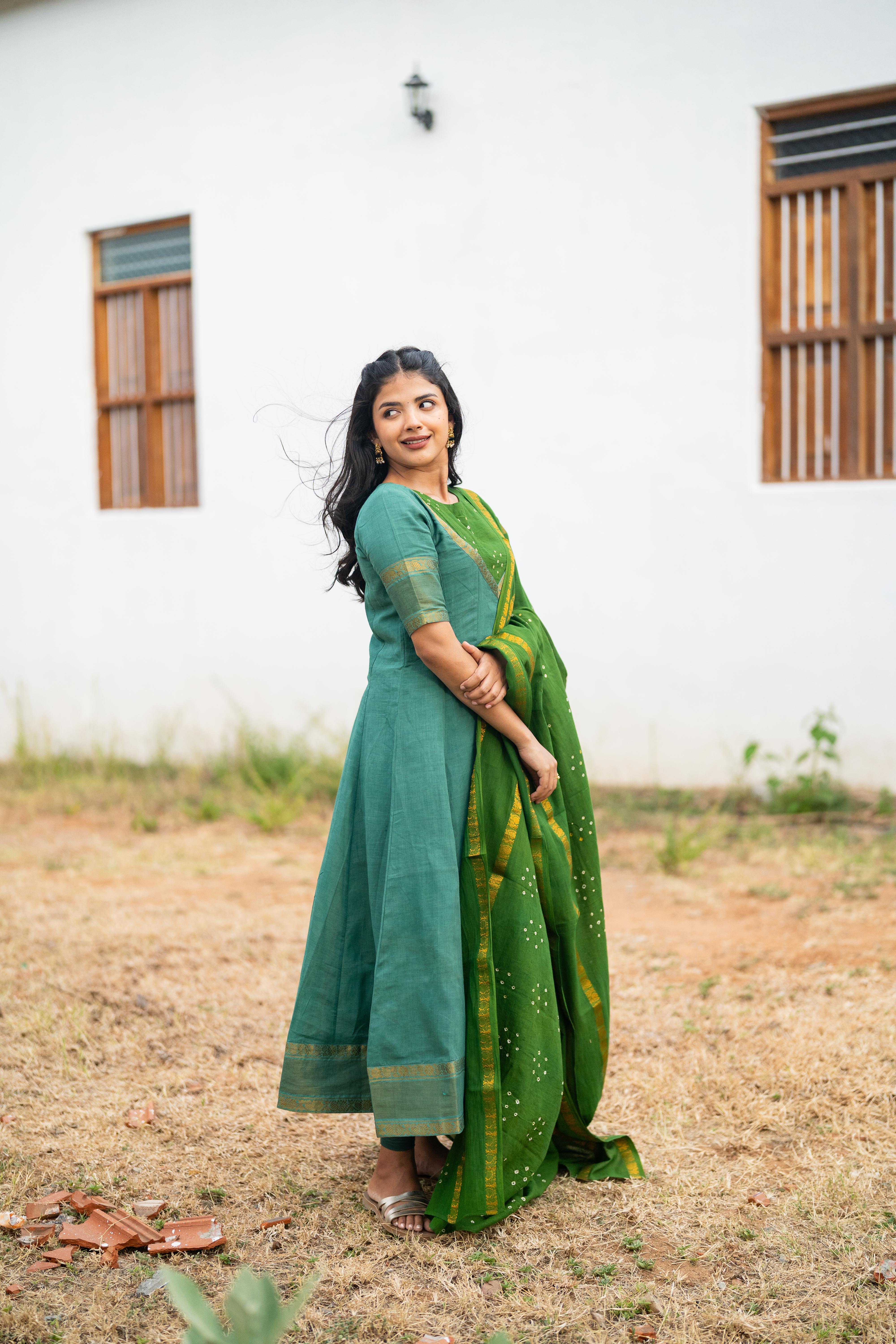 Sea blue & Green Sungudi Anarkali set