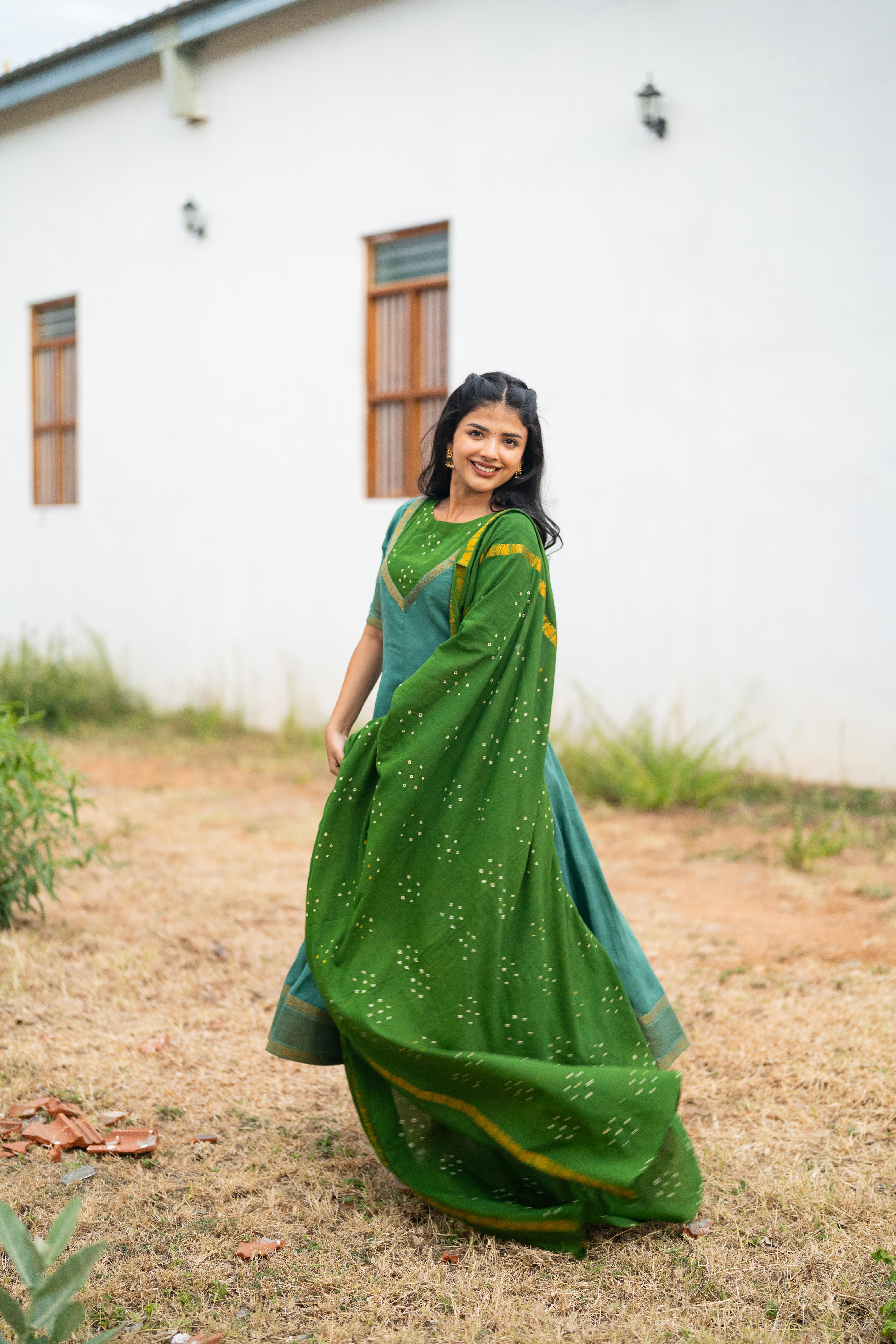 Sea blue & Green Sungudi Anarkali set