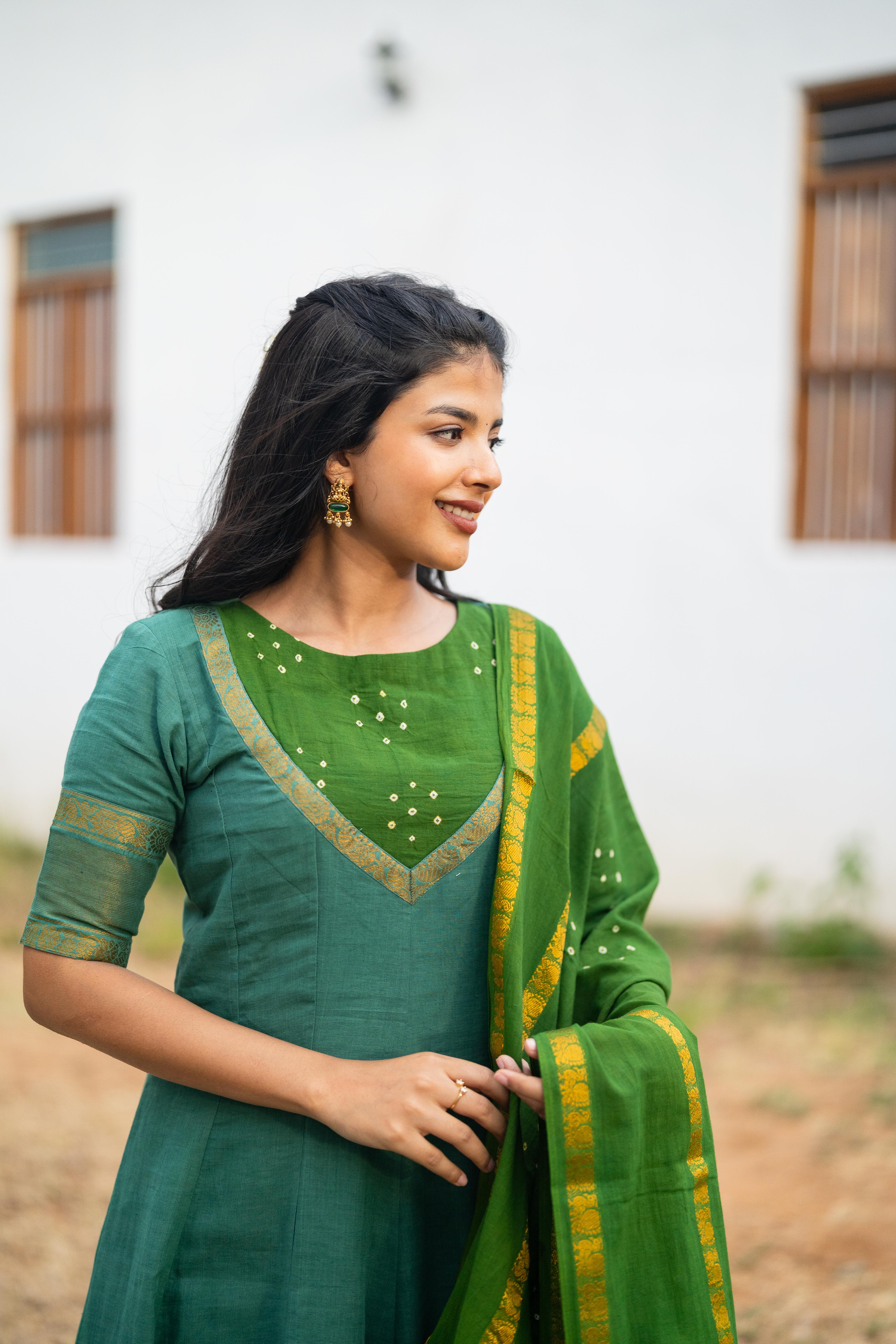Sea blue & Green Sungudi Anarkali set