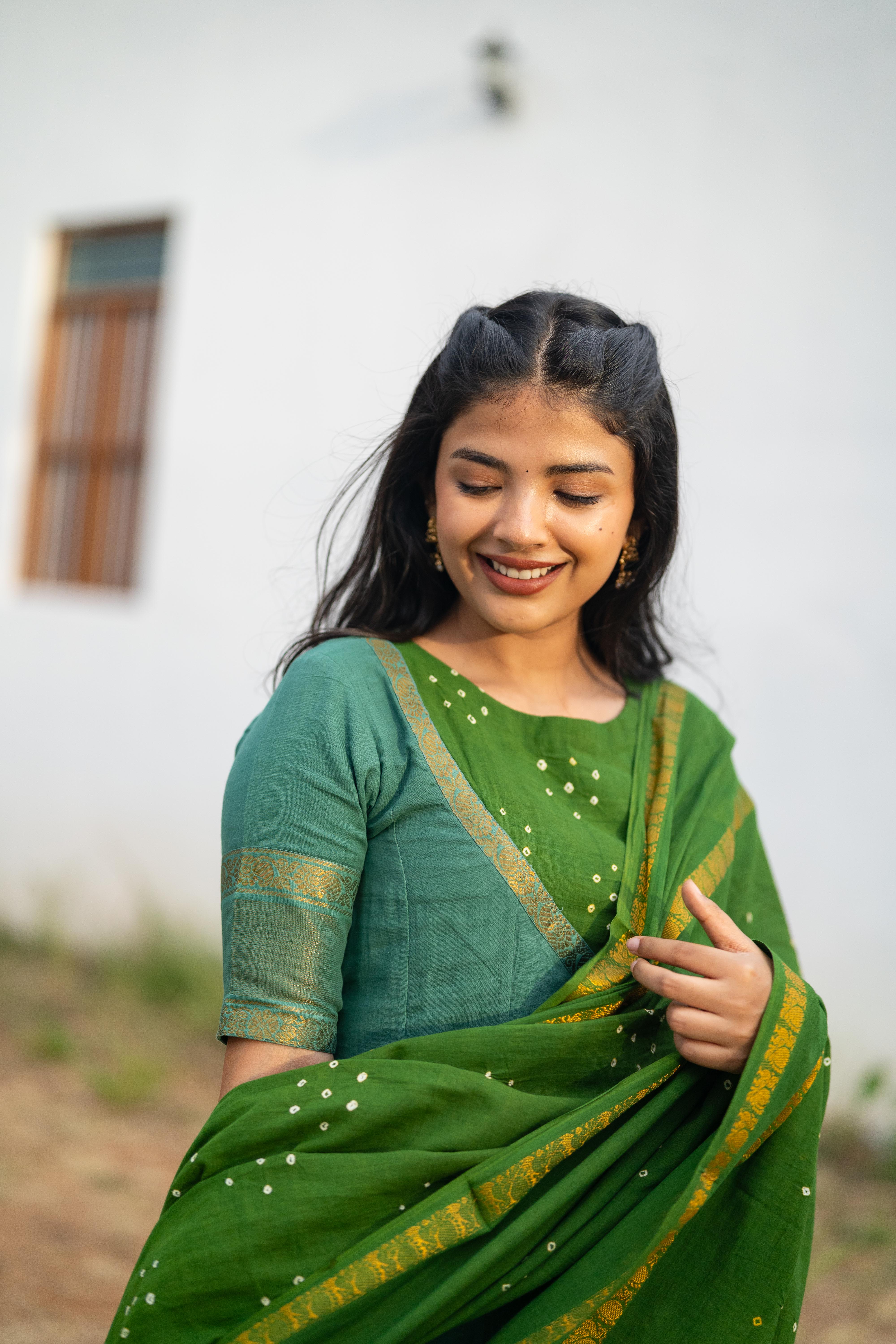 Sea blue & Green Sungudi Anarkali set