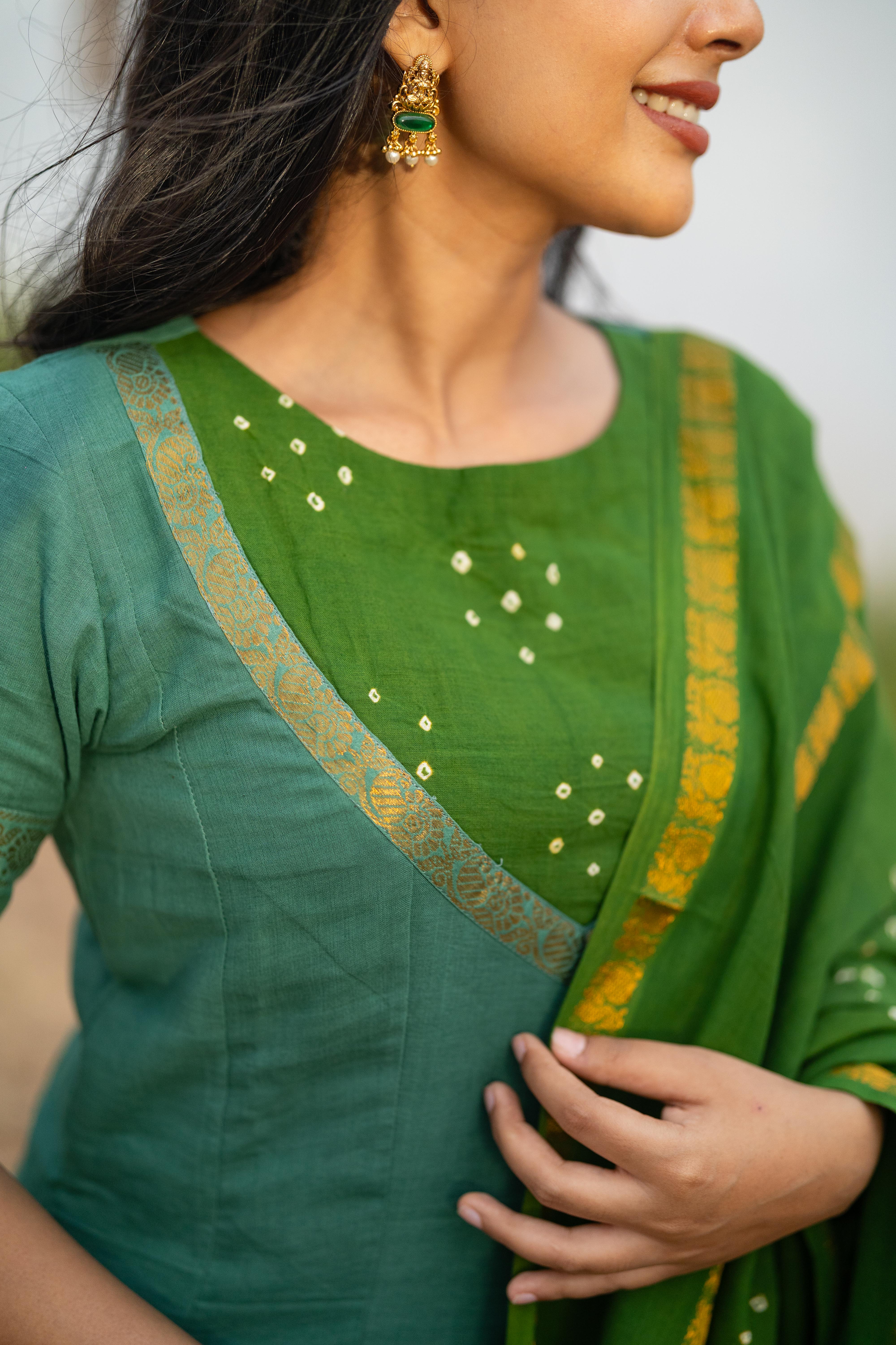 Sea blue & Green Sungudi Anarkali set
