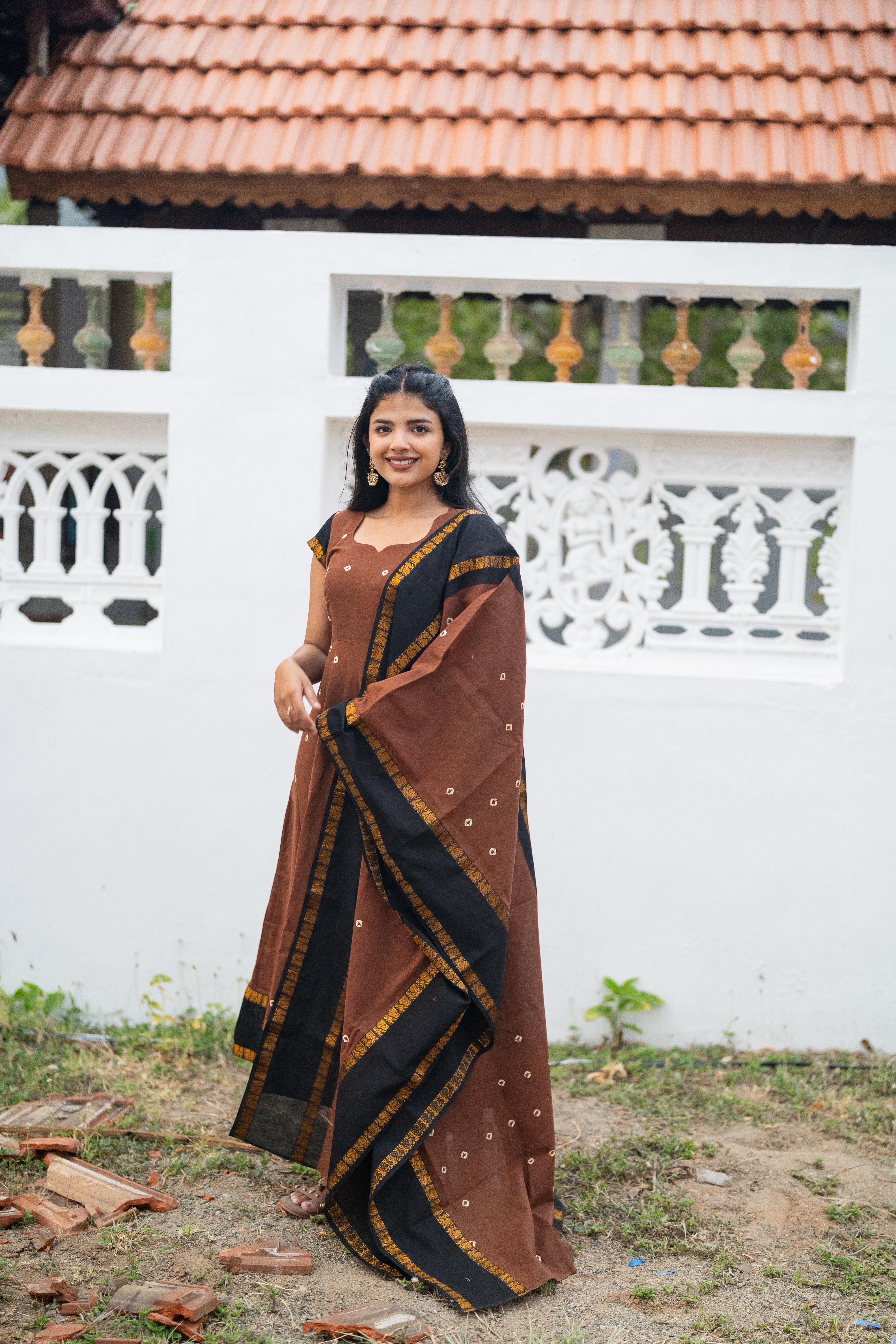 Cinnamon Sungudi Anarkali Set (Top & Dupatta)