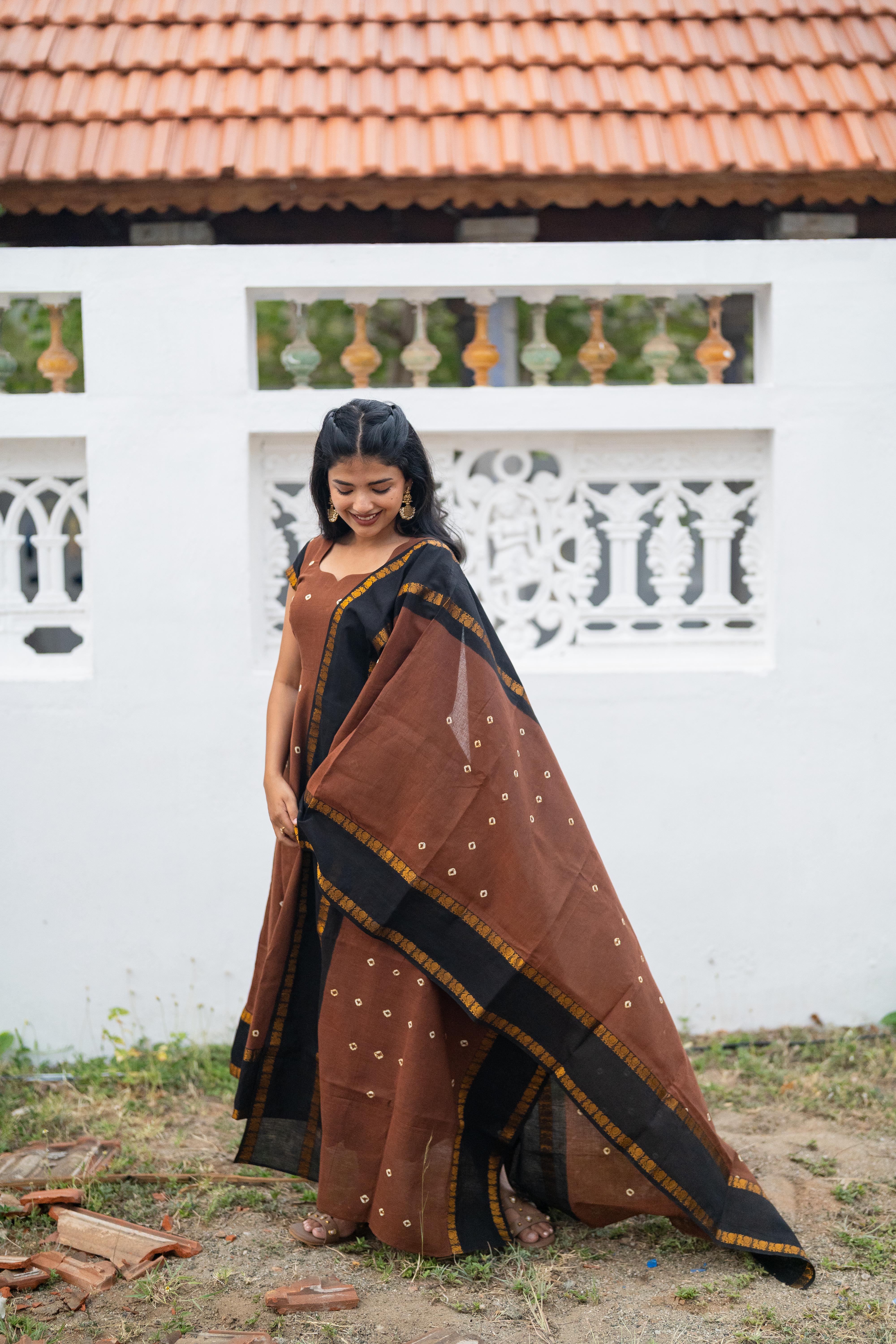 Cinnamon Sungudi Anarkali Set (Top & Dupatta)