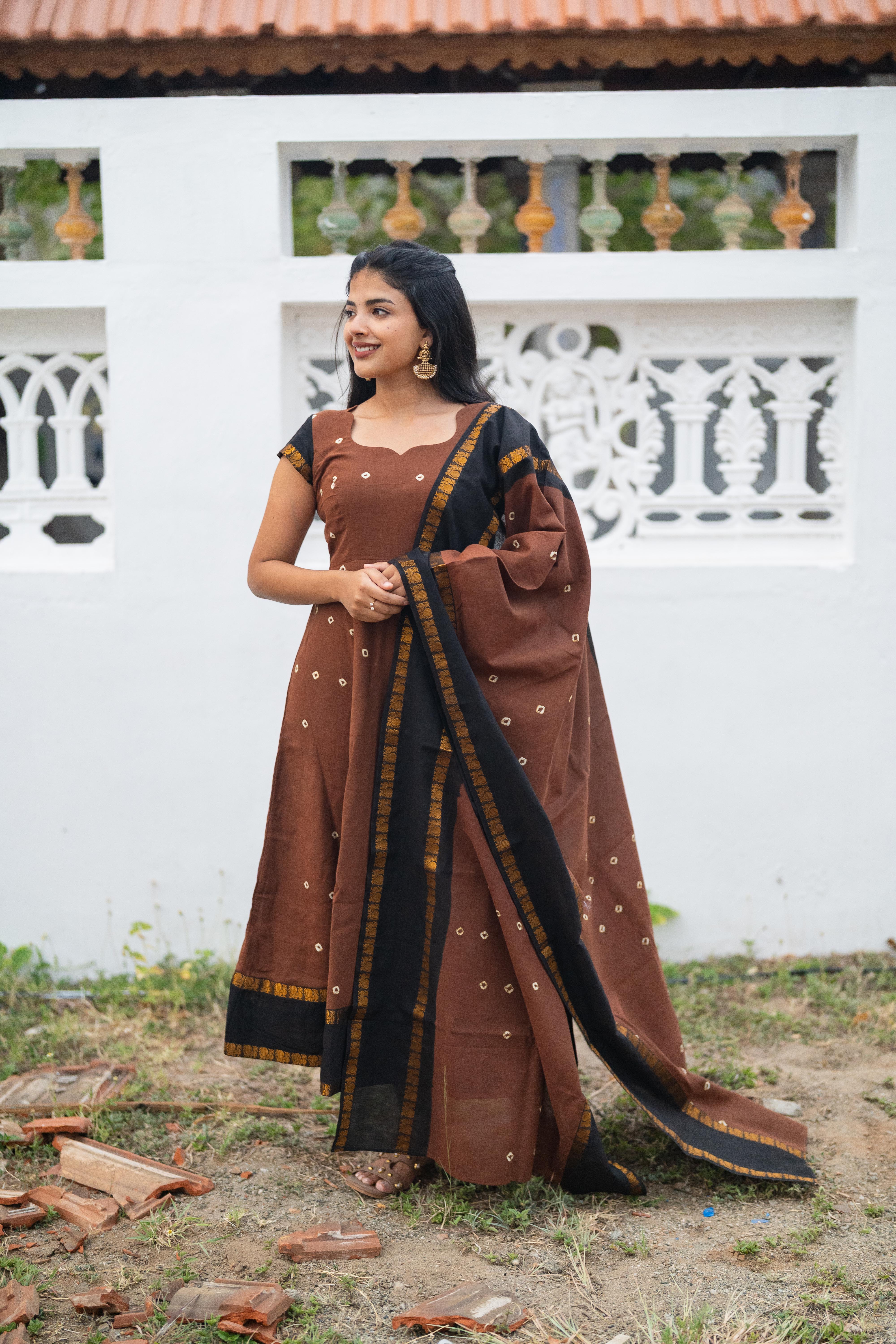 Cinnamon Sungudi Anarkali Set (Top & Dupatta)
