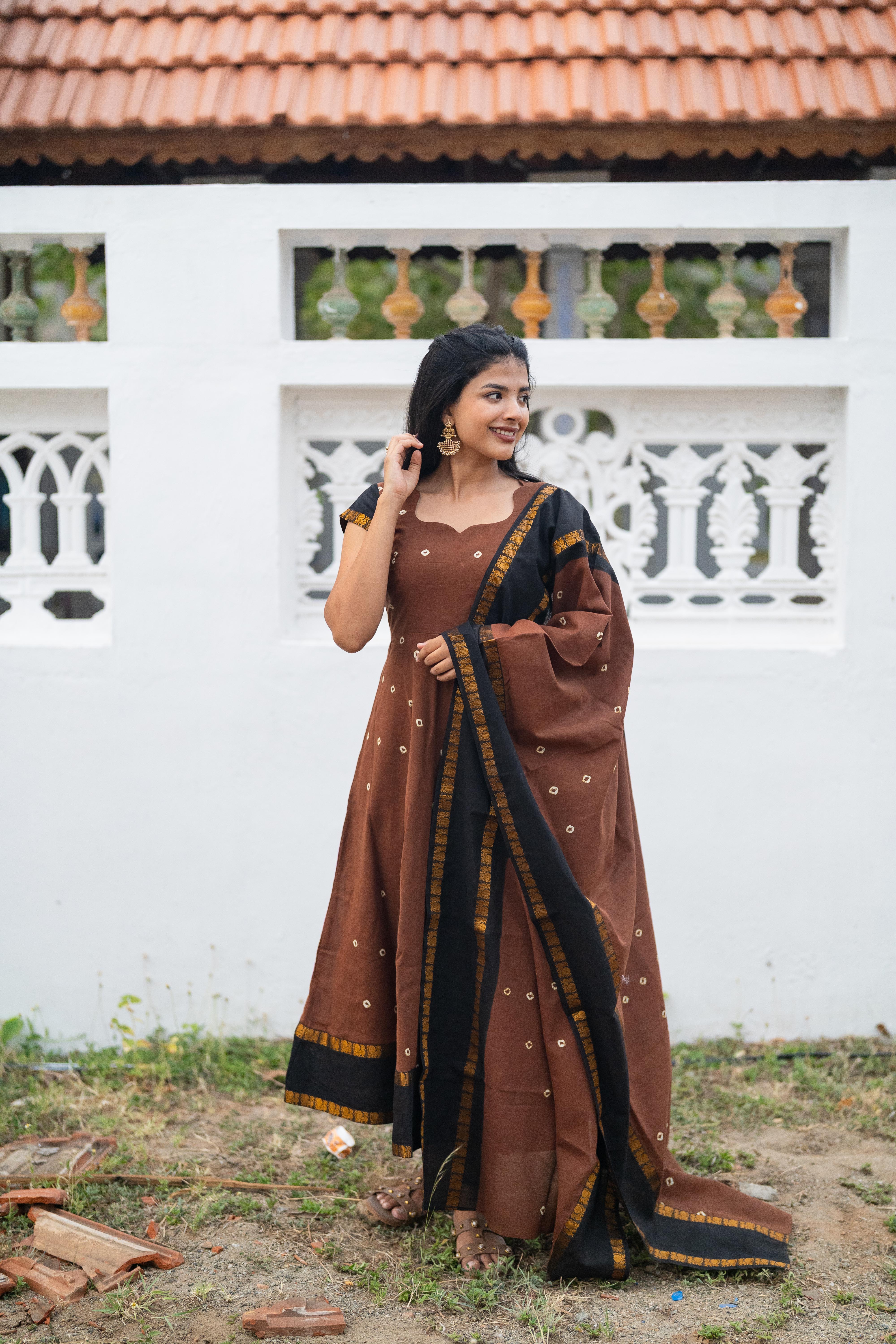 Cinnamon Sungudi Anarkali Set (Top & Dupatta)
