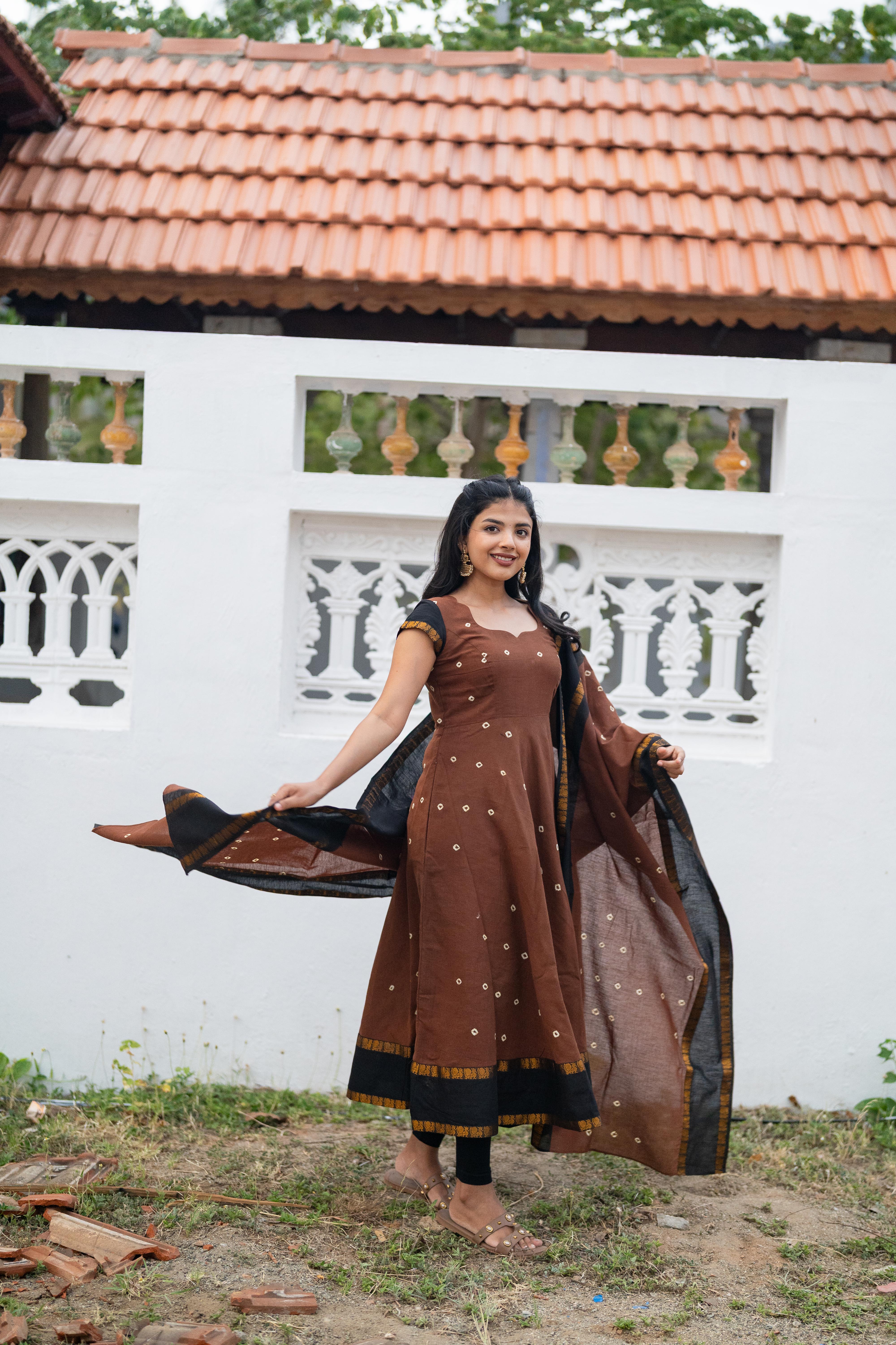 Cinnamon Sungudi Anarkali Set (Top & Dupatta)