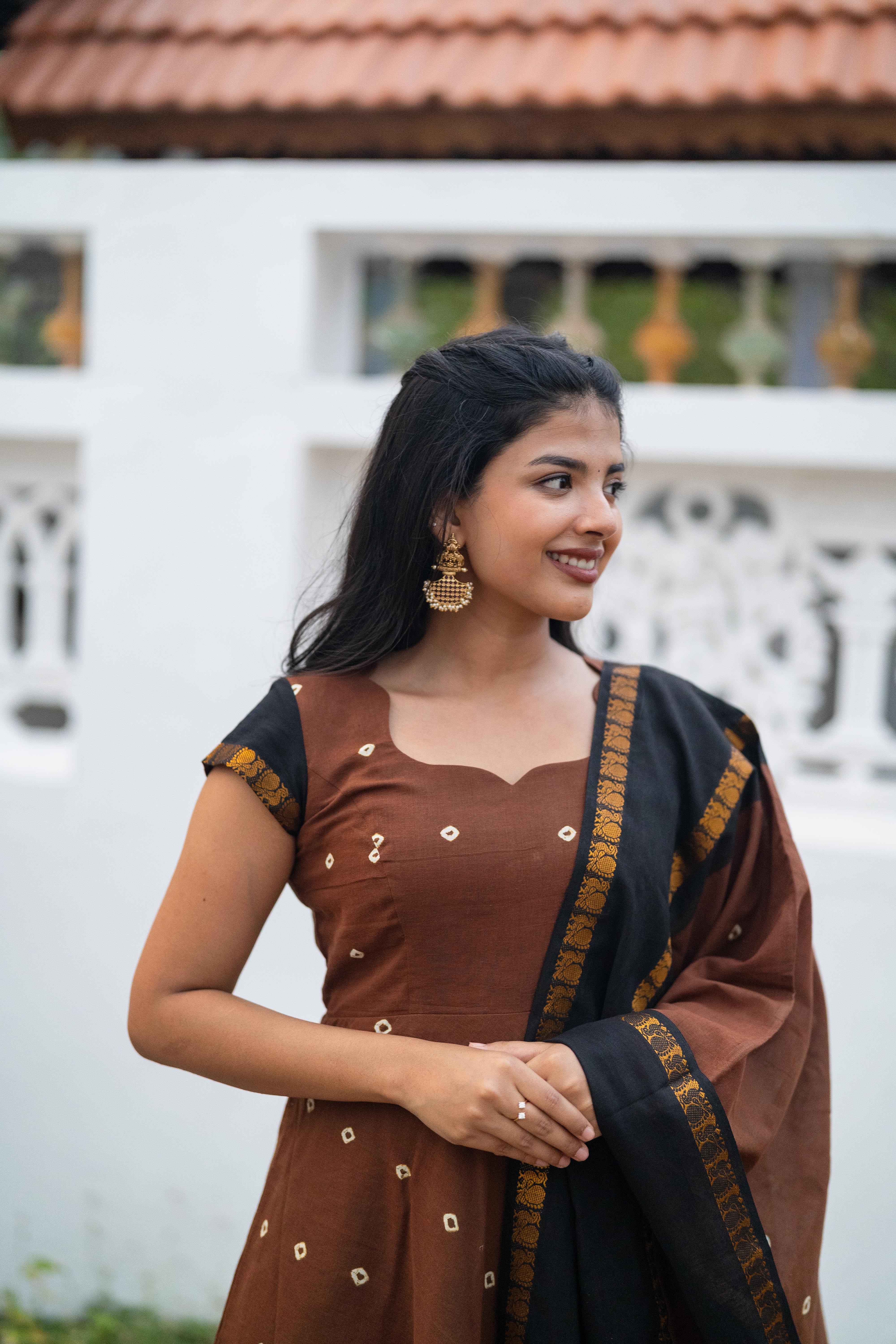 Cinnamon Sungudi Anarkali Set (Top & Dupatta)