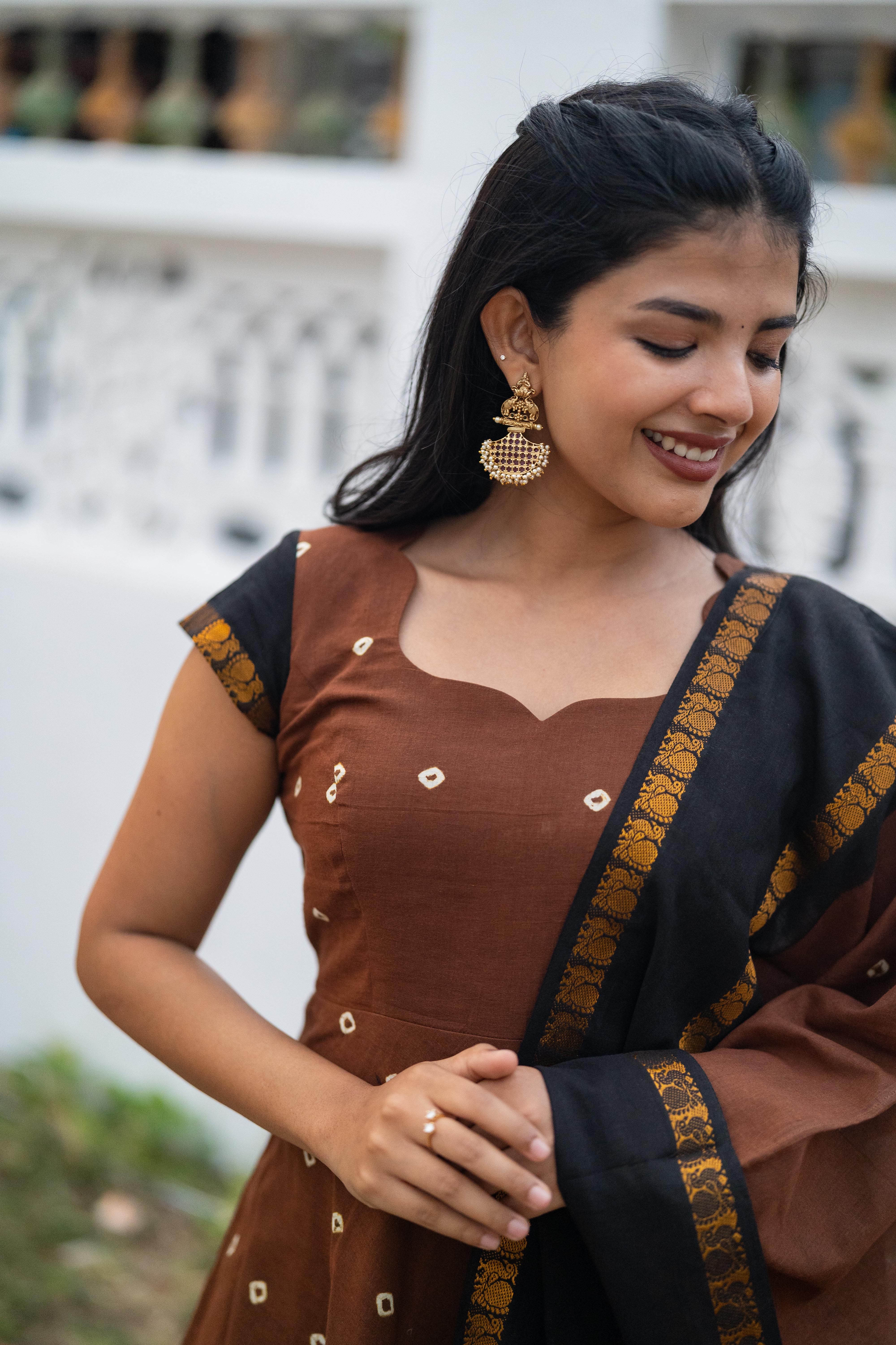 Cinnamon Sungudi Anarkali Set (Top & Dupatta)