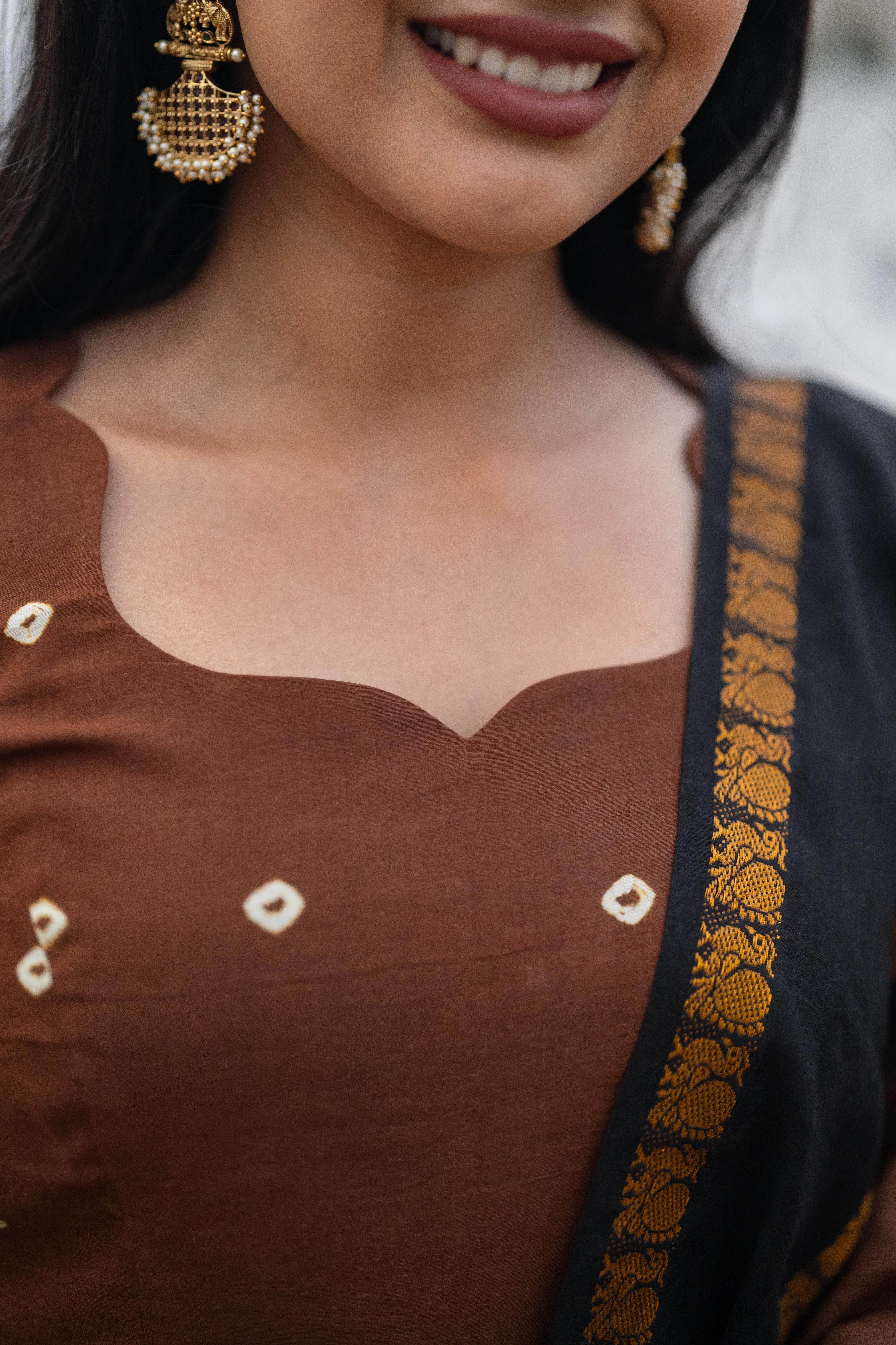 Cinnamon Sungudi Anarkali Set (Top & Dupatta)