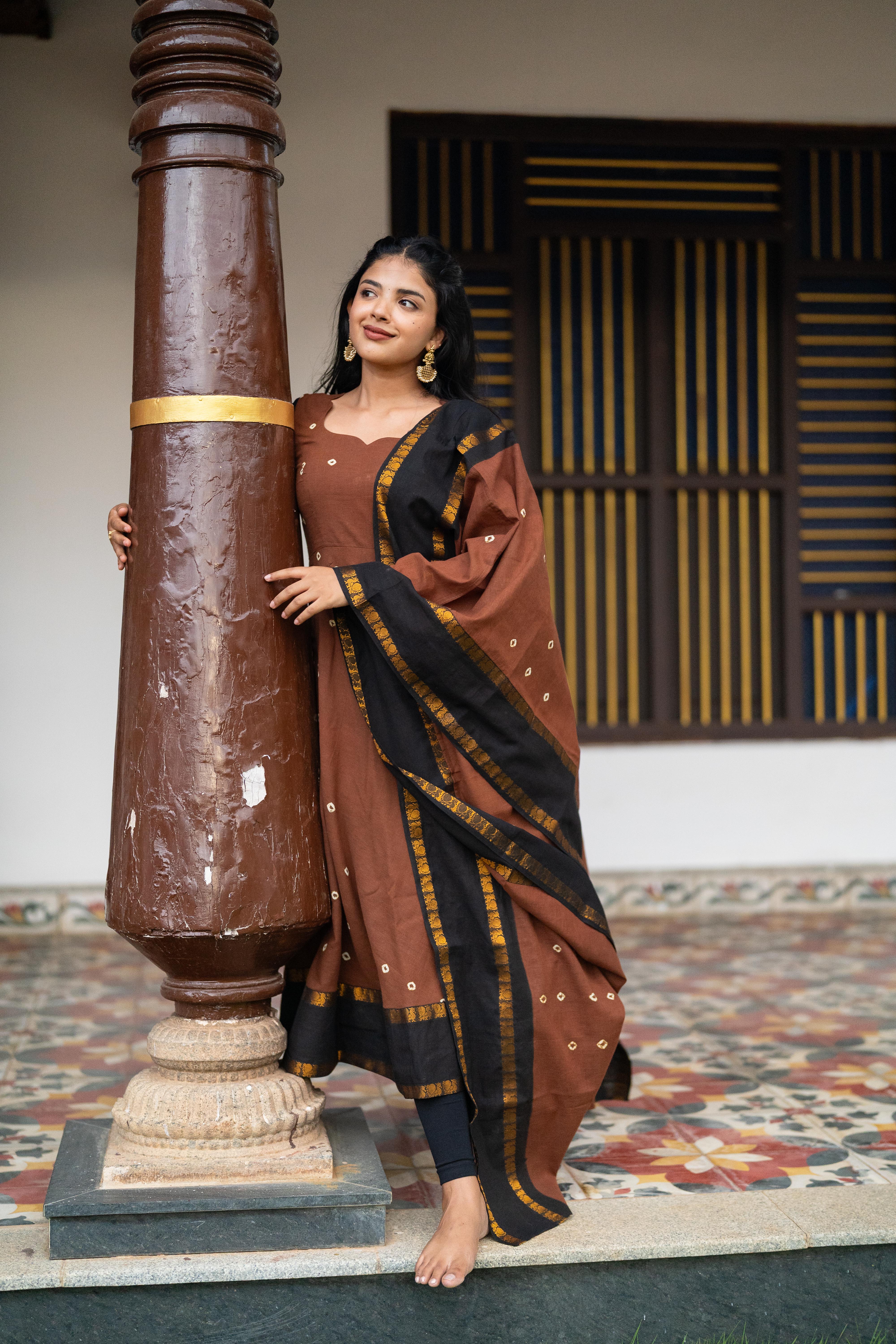 Cinnamon Sungudi Anarkali Set (Top & Dupatta)