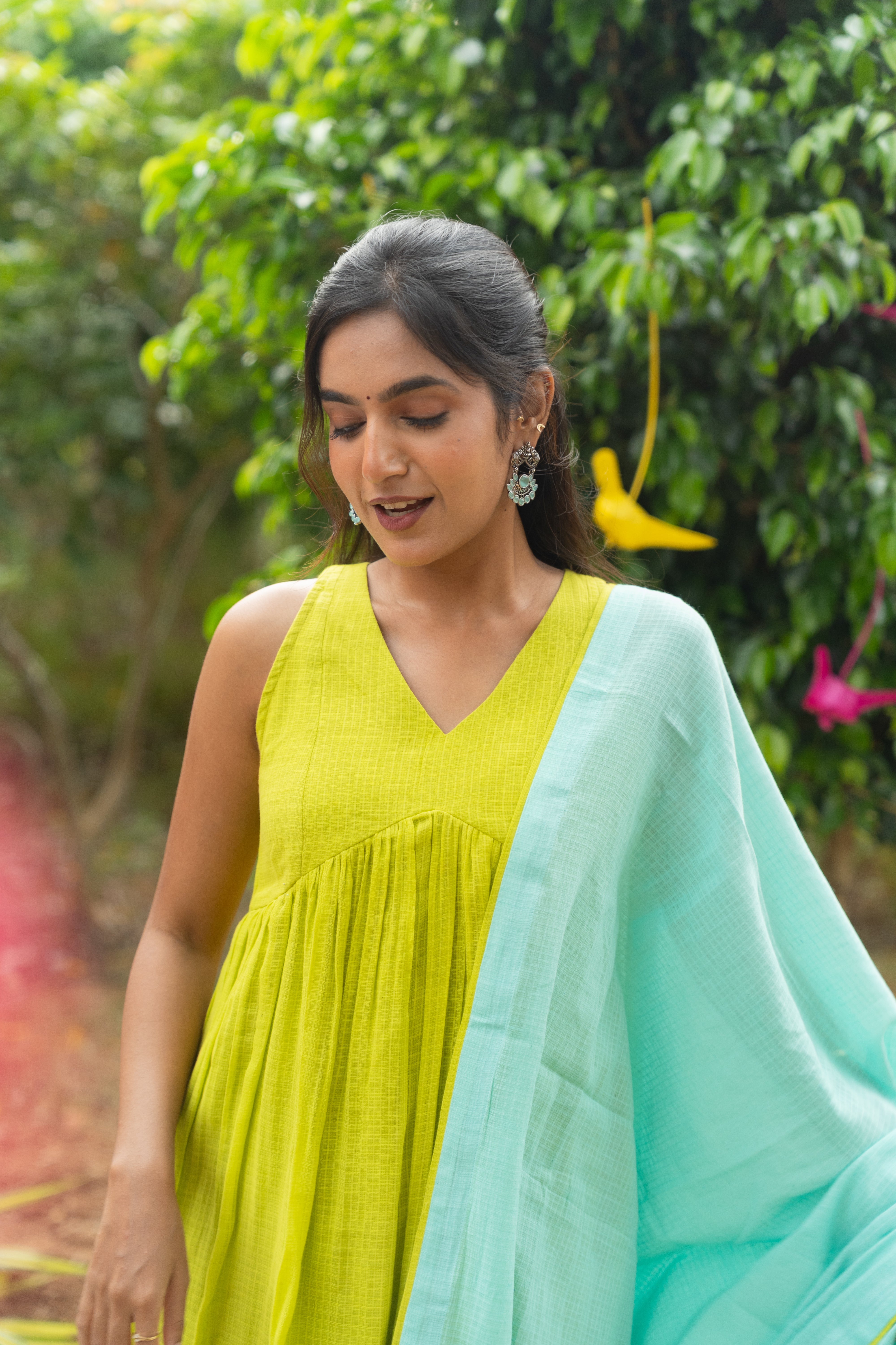Lime Green Kota Anarkali Set