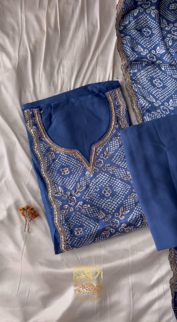 Blue Uppada silk semi unstitched top with detailed embroidered neckline pant - shantoon unstitched fabric Tissue duppata with lace border - Studio Thari