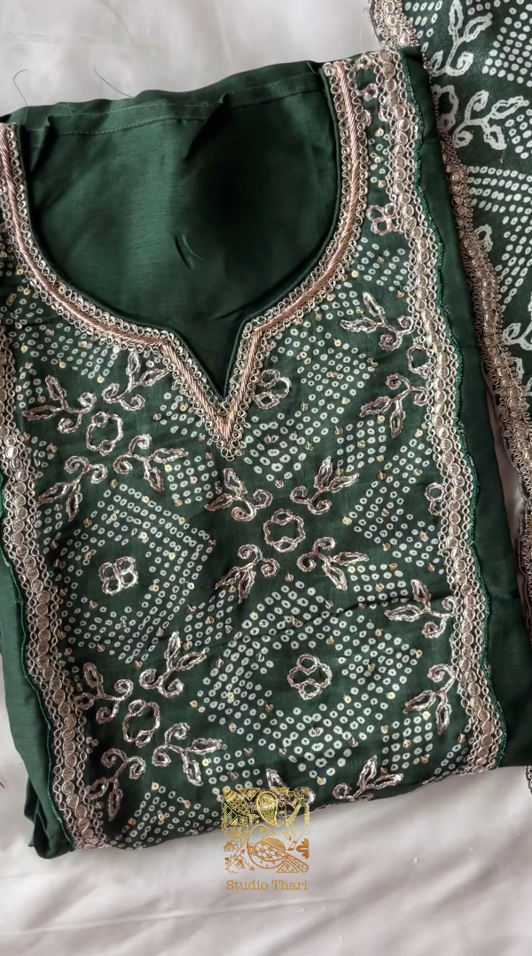 Green Uppada silk semi unstitched top with detailed embroidered neckline pant - shantoon unstitched fabric Tissue duppata with lace border - Studio Thari