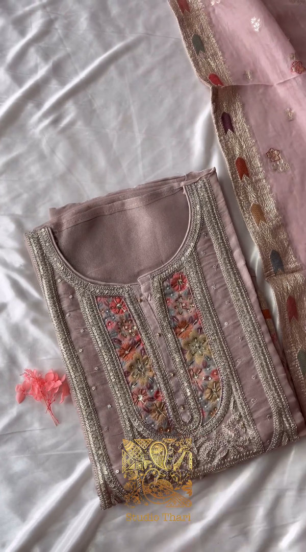 Pink Tissue semi stitched top with detailed embroidered neckline pant - shantoon unstitched fabric Tissue duppata with lace border - Studio Thari