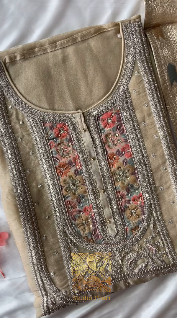 Half White Tissue semi stitched top with detailed embroidered neckline pant - shantoon unstitched fabric Tissue duppata with lace border - Studio Thari