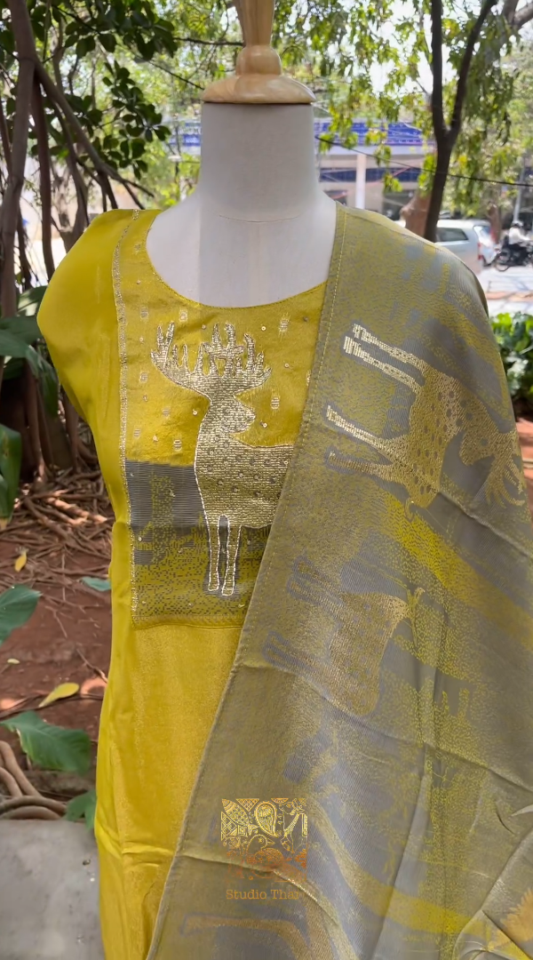 Green Tissue semi stitched top with detailed embroidered neckline pant - shantoon unstitched fabric  Organza duppata with lace border - Studio Thari