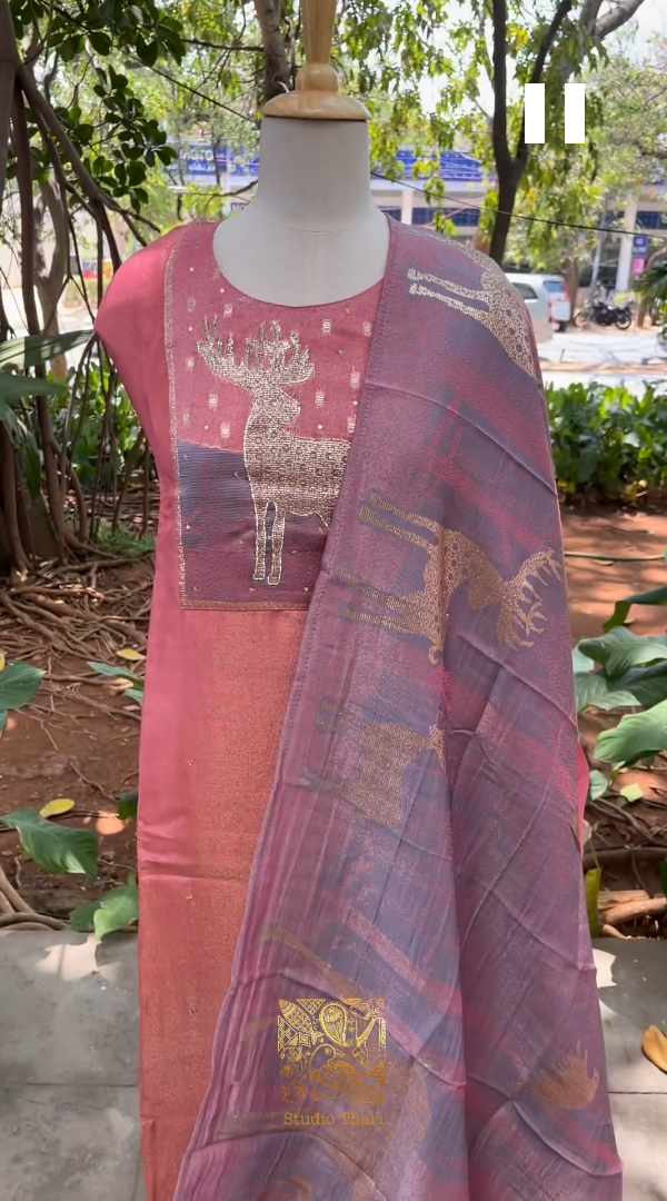 Pink Tissue semi stitched top with detailed embroidered neckline pant - shantoon unstitched fabric  Organza duppata with lace border - Studio Thari