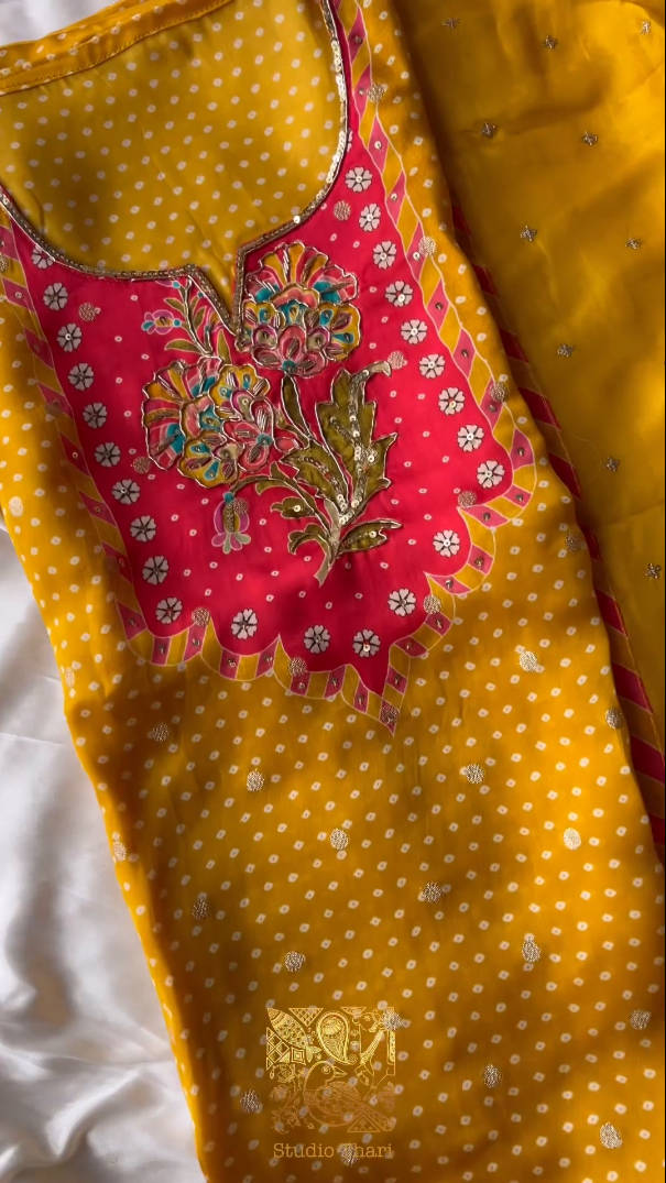 Muslin semi stitched top with detailed embroidered neckline(YELLOW) - Studio Thari