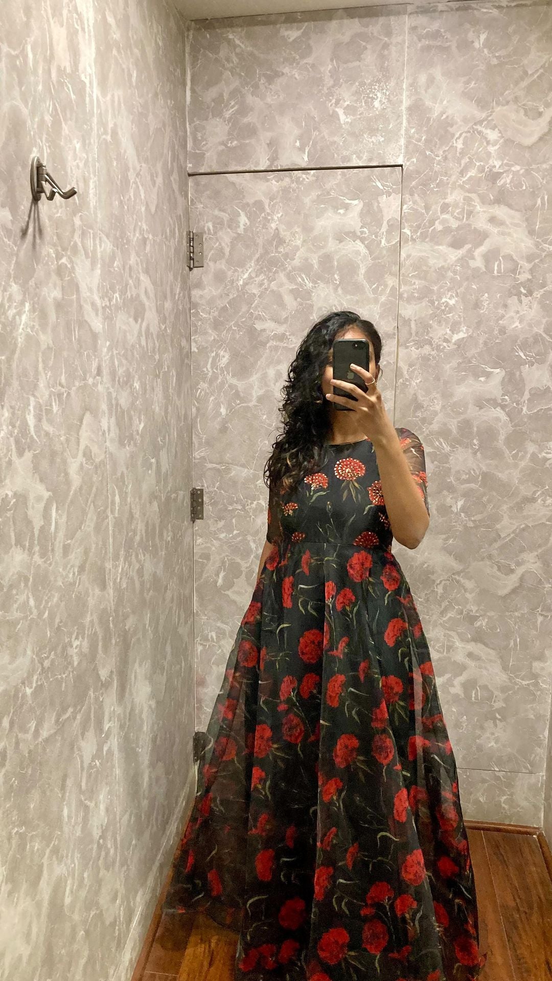 Black full length printed organza gown with embroidered yoke, Black & Red Long Frock - Studio Thari