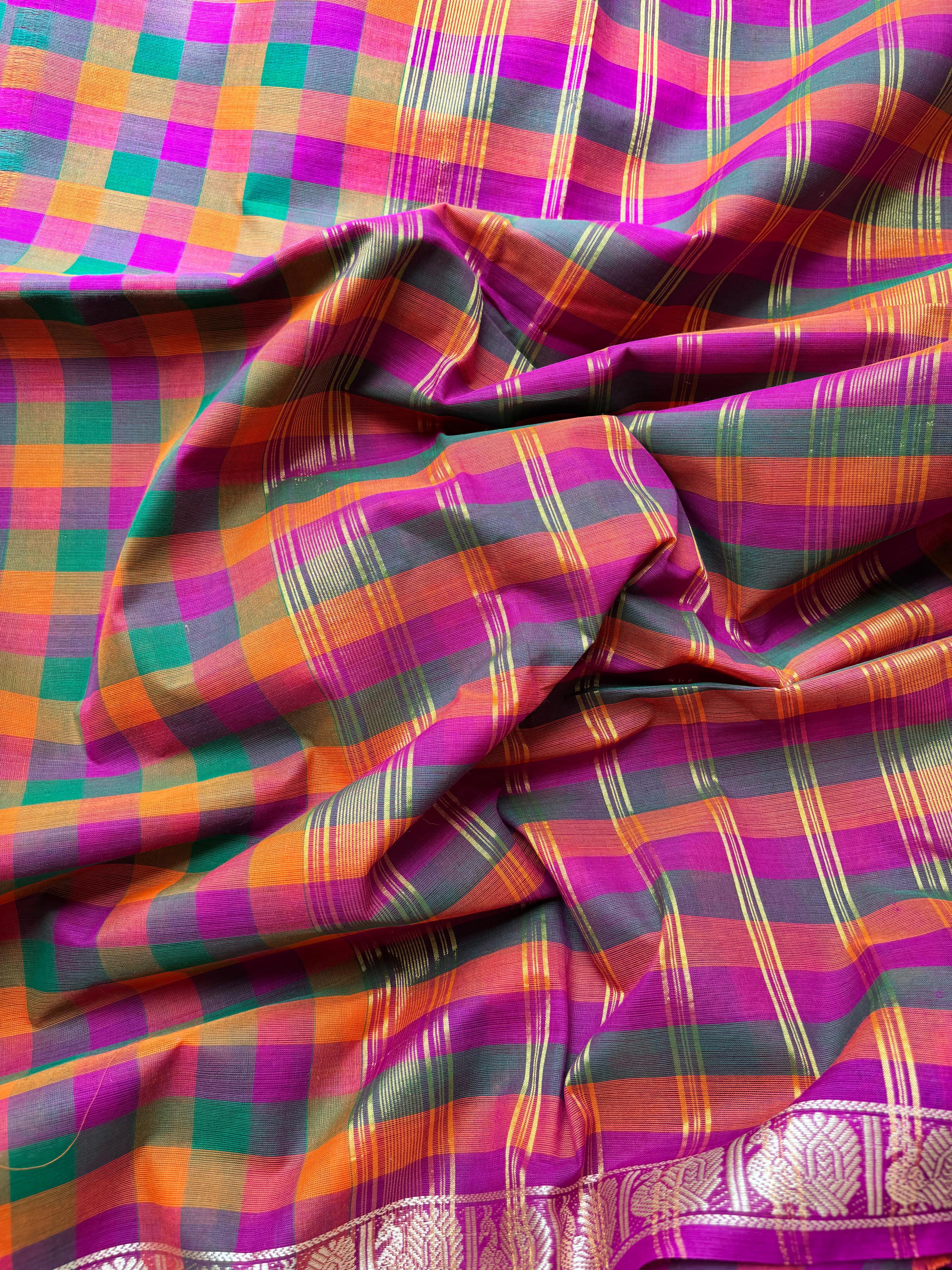 Multicolor classic Madras Checks in Pure Chettinad Saree