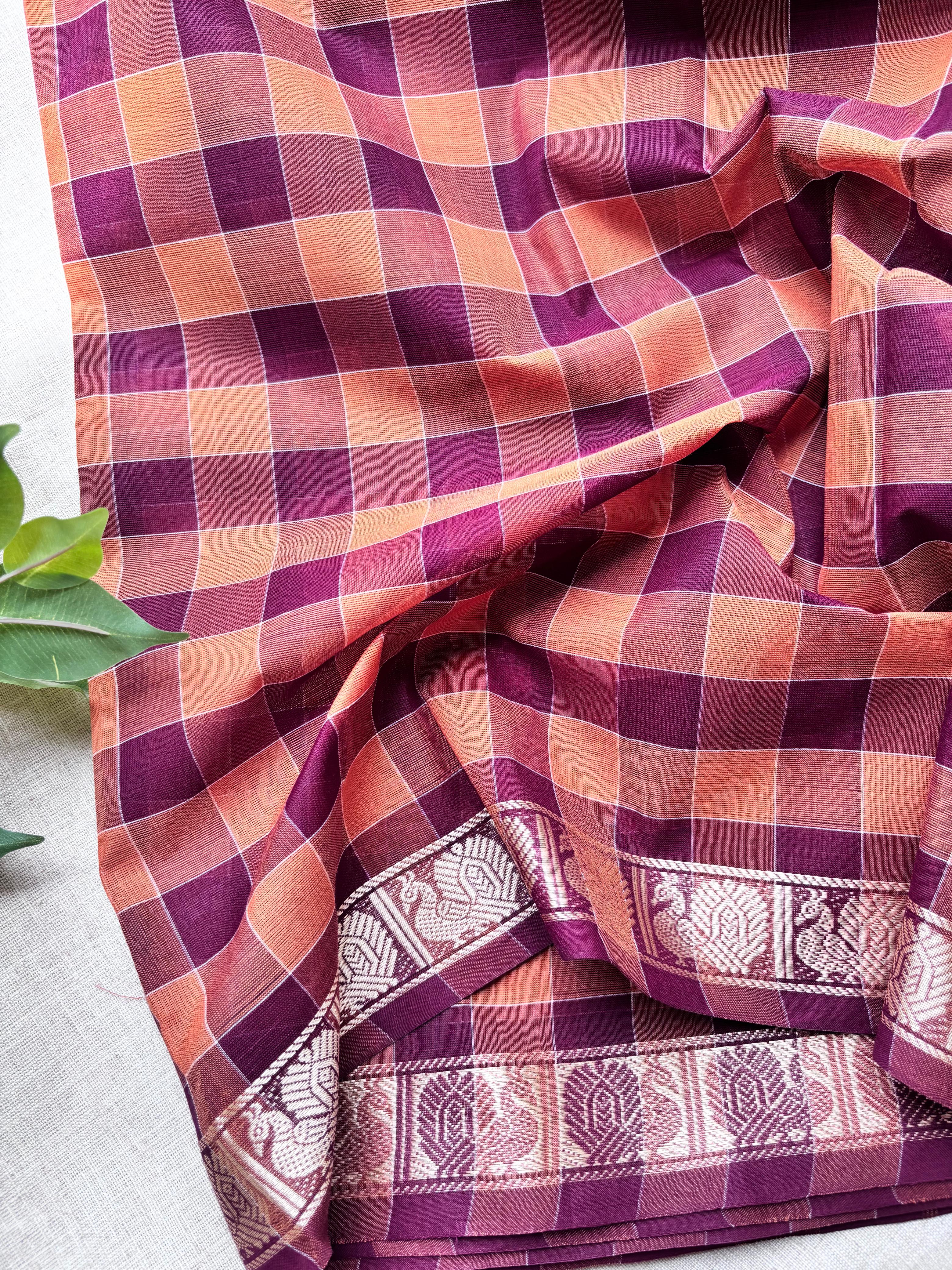 Brown classic Madras Checks in Pure Chettinad Saree