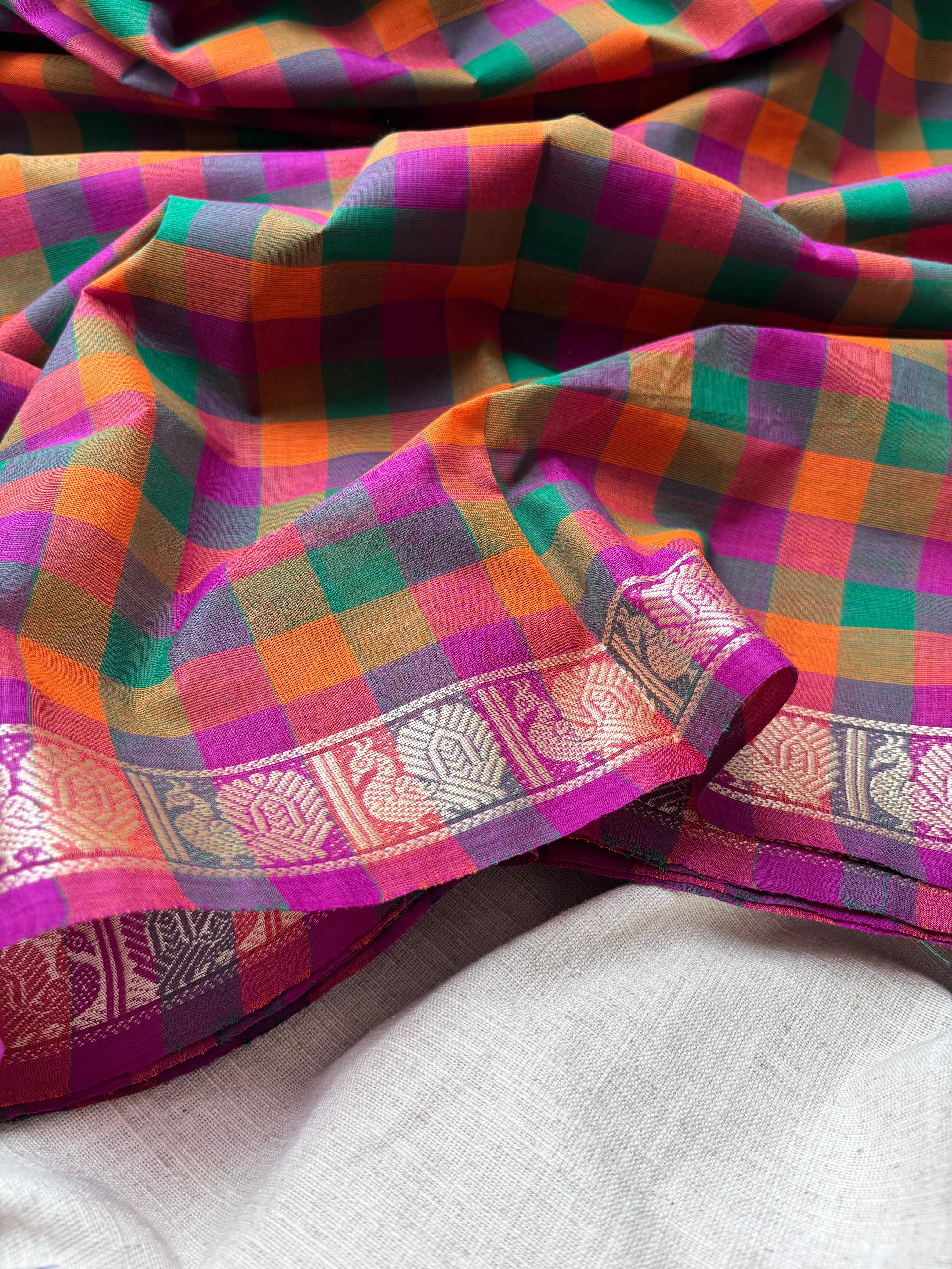 Multicolor classic Madras Checks in Pure Chettinad Saree