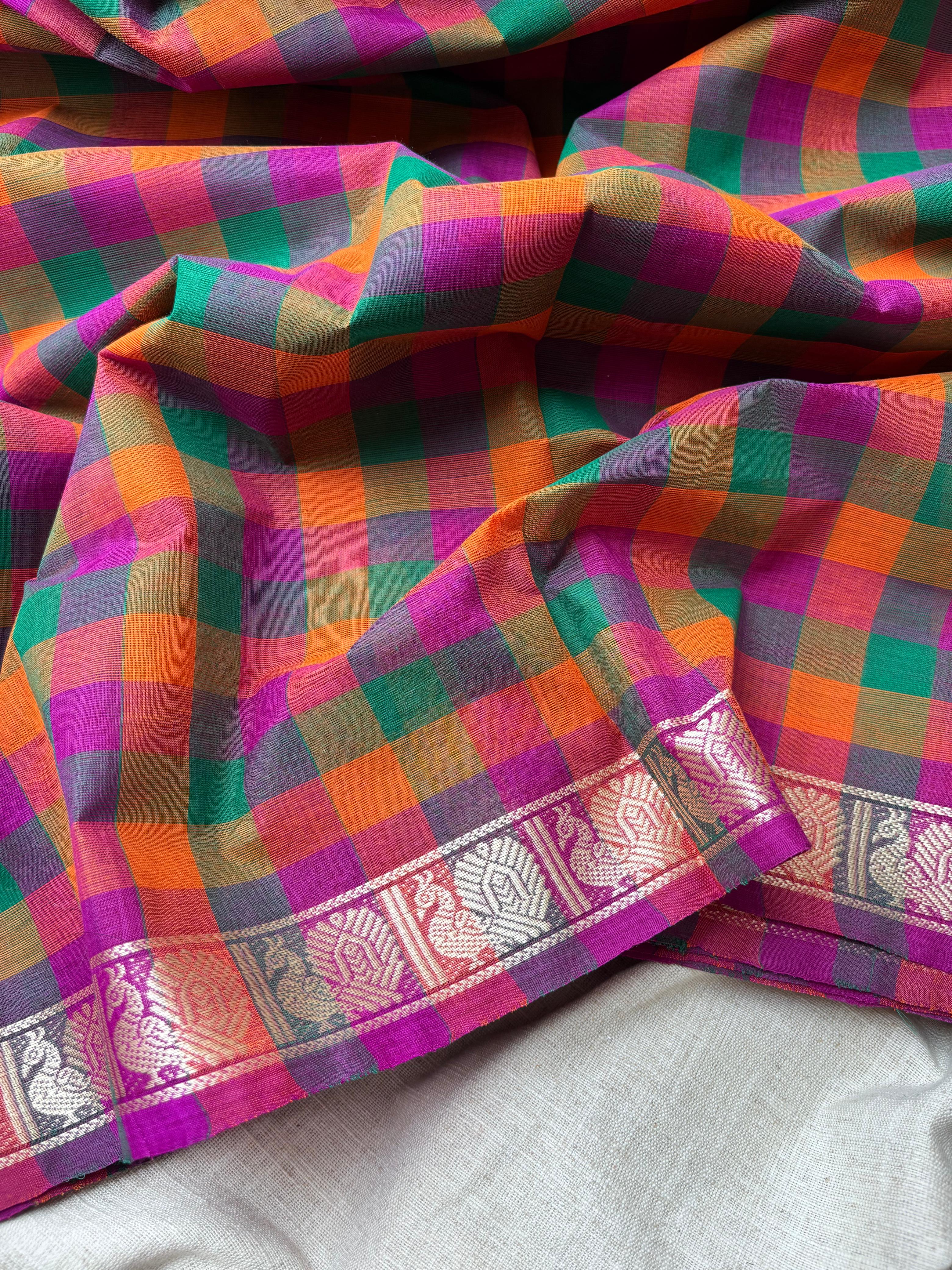 Multicolor classic Madras Checks in Pure Chettinad Saree