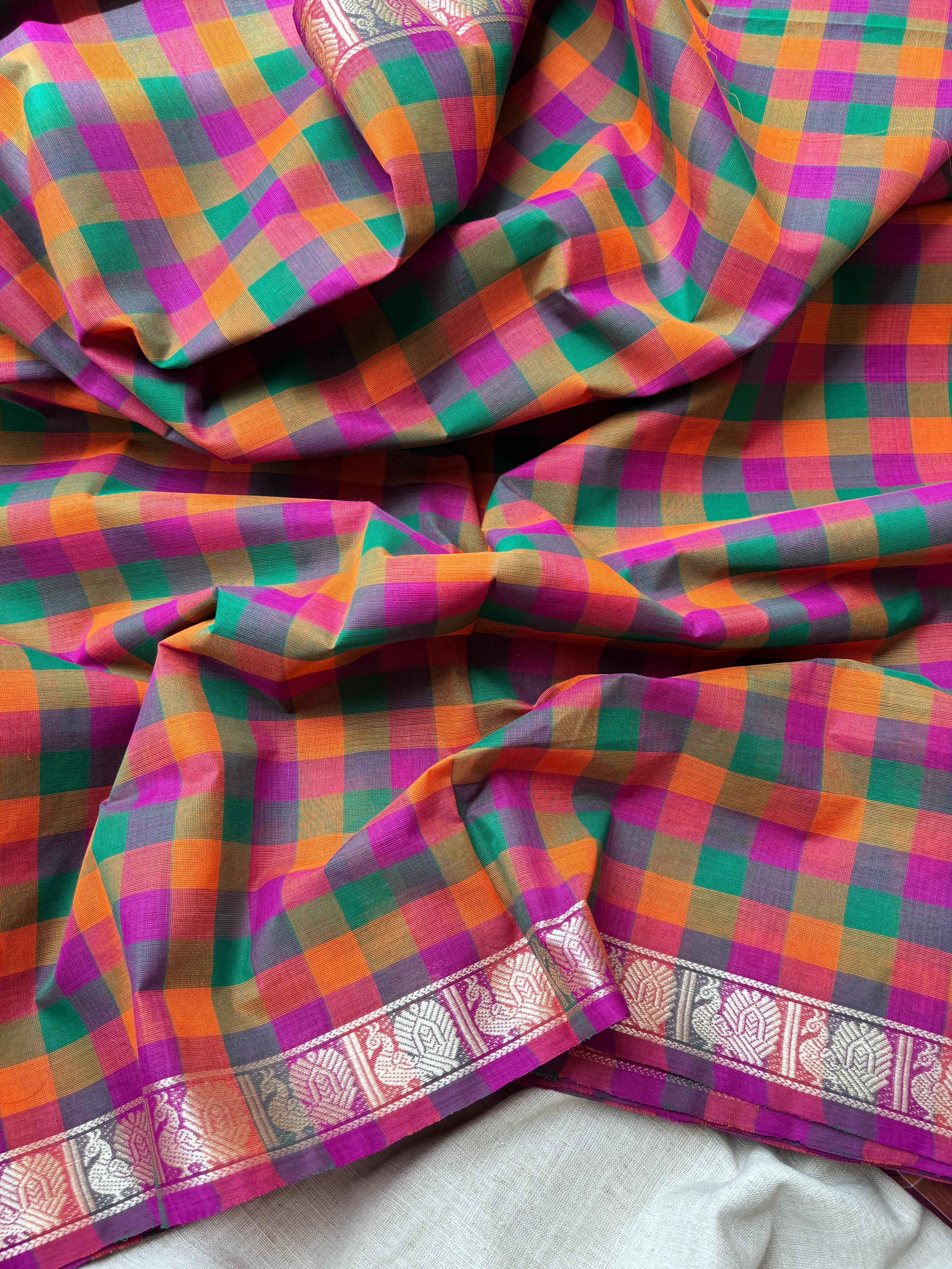 Multicolor classic Madras Checks in Pure Chettinad Saree