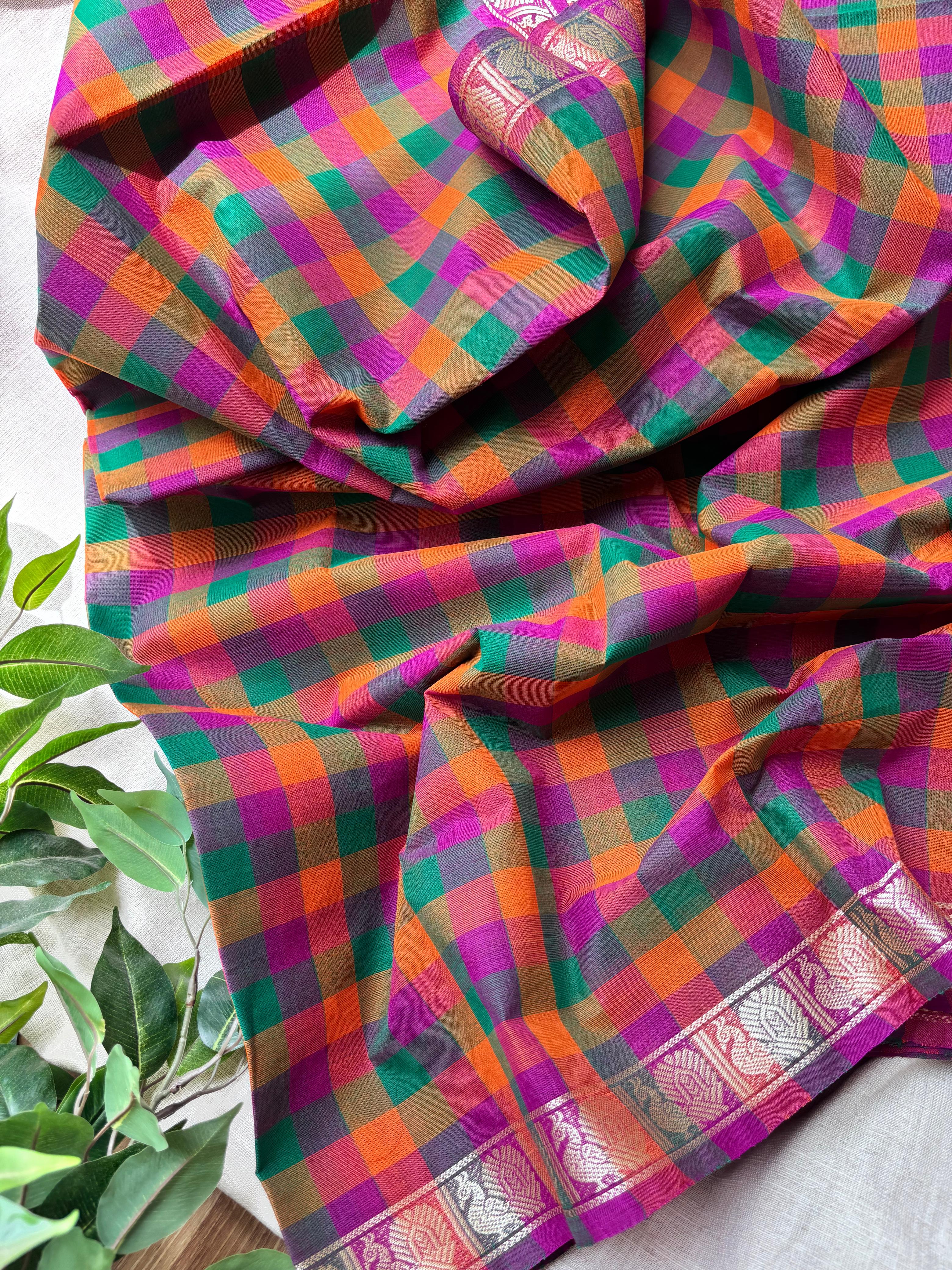 Multicolor classic Madras Checks in Pure Chettinad Saree