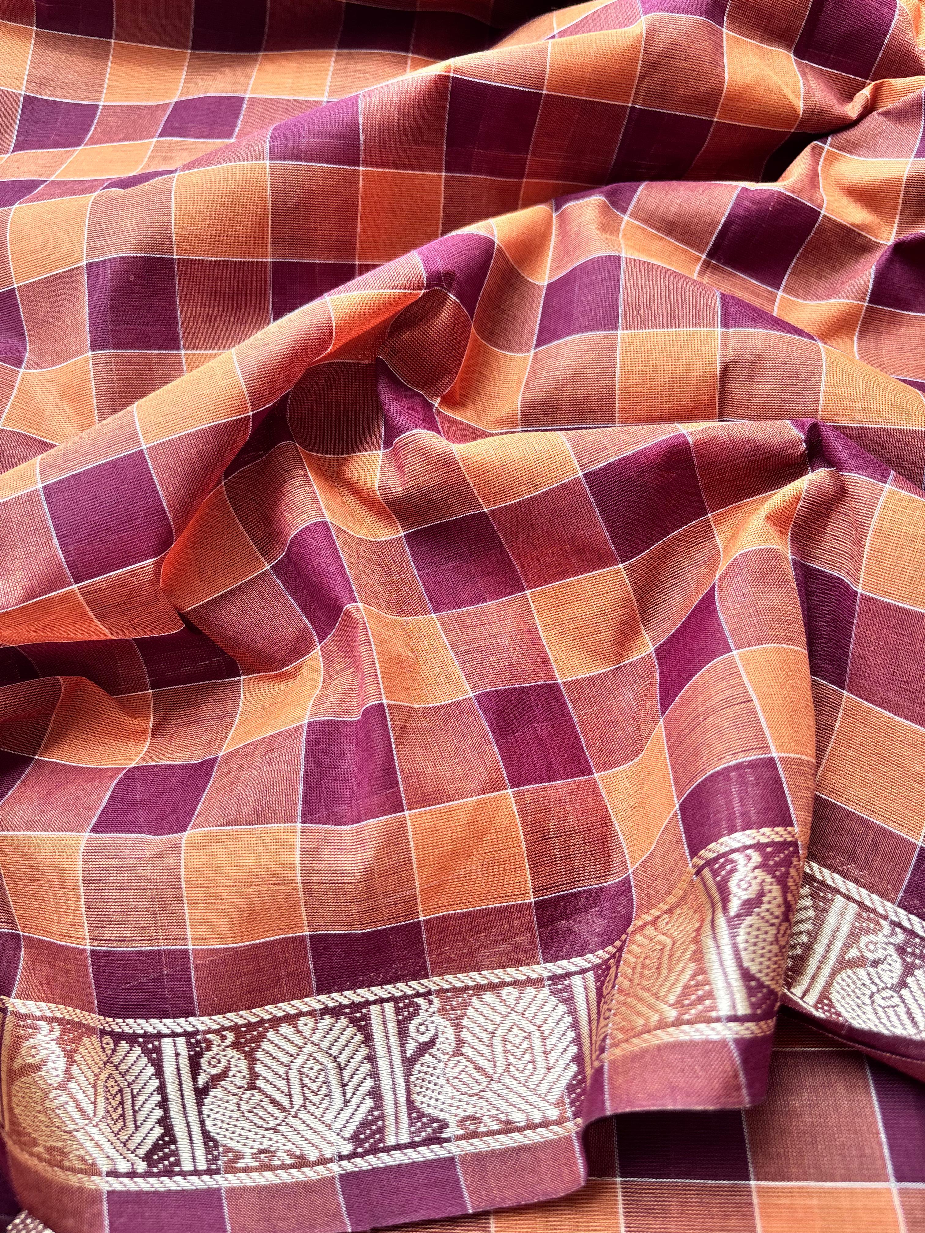 Brown classic Madras Checks in Pure Chettinad Saree