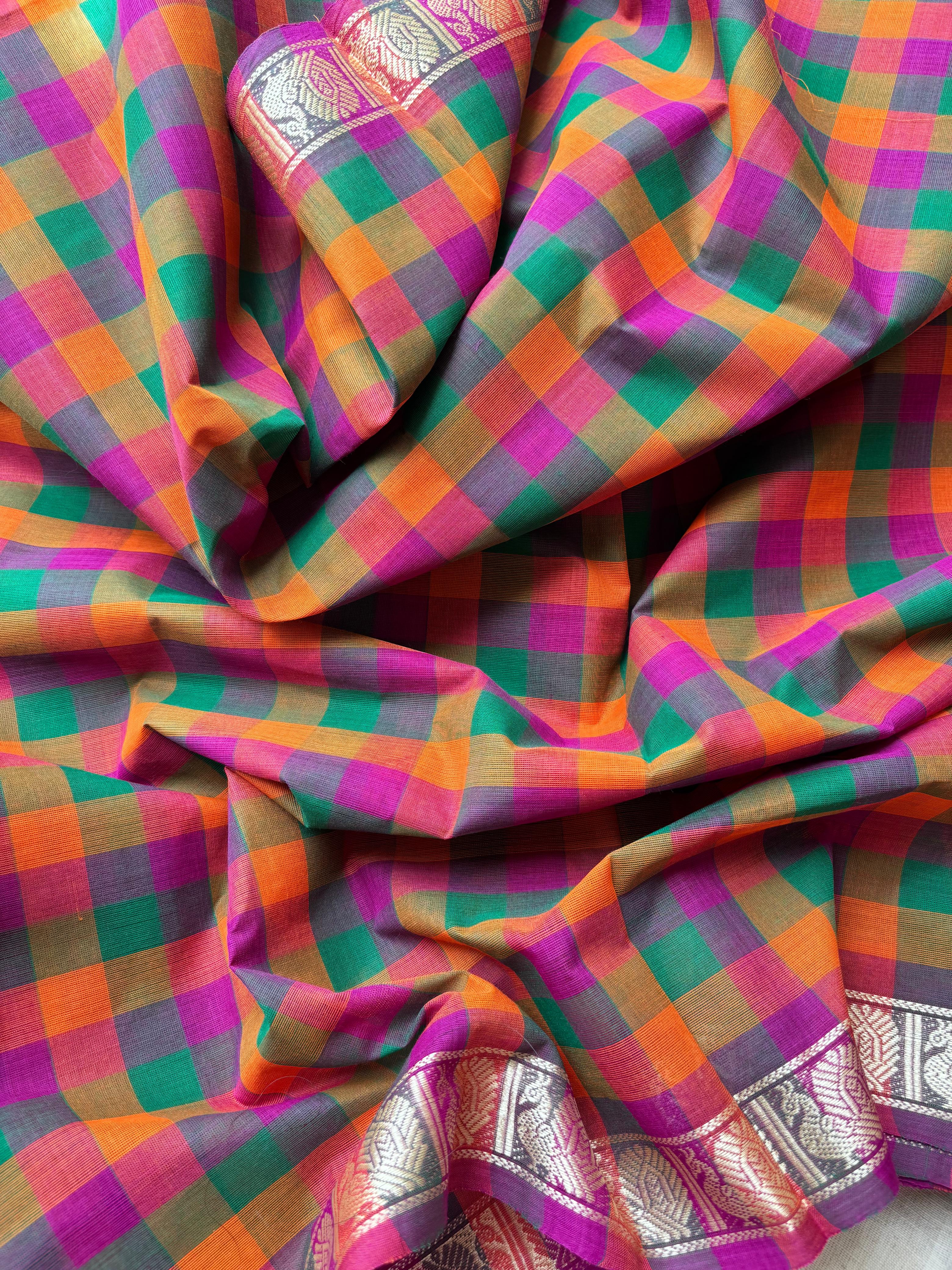 Multicolor classic Madras Checks in Pure Chettinad Saree