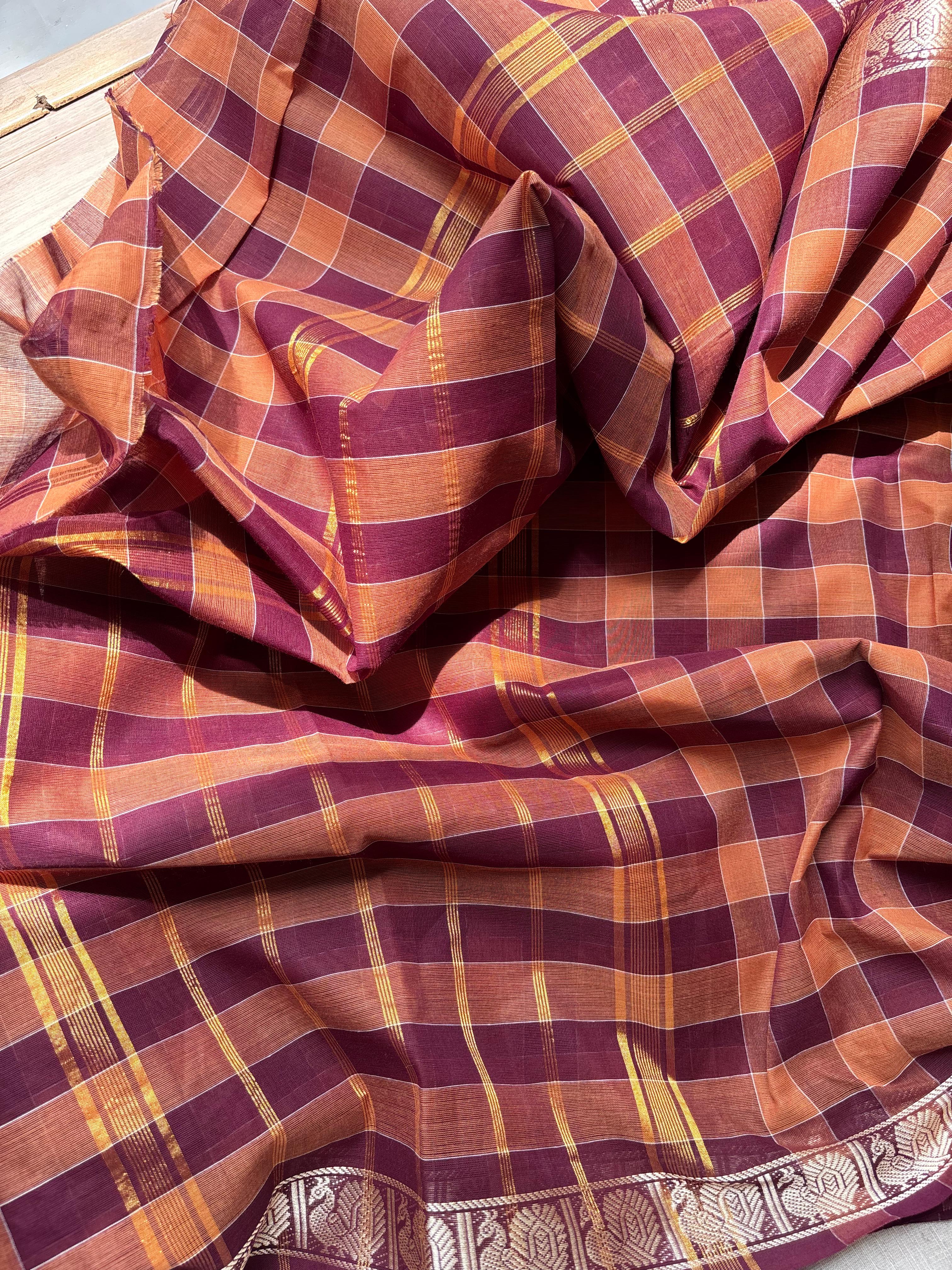 Brown classic Madras Checks in Pure Chettinad Saree