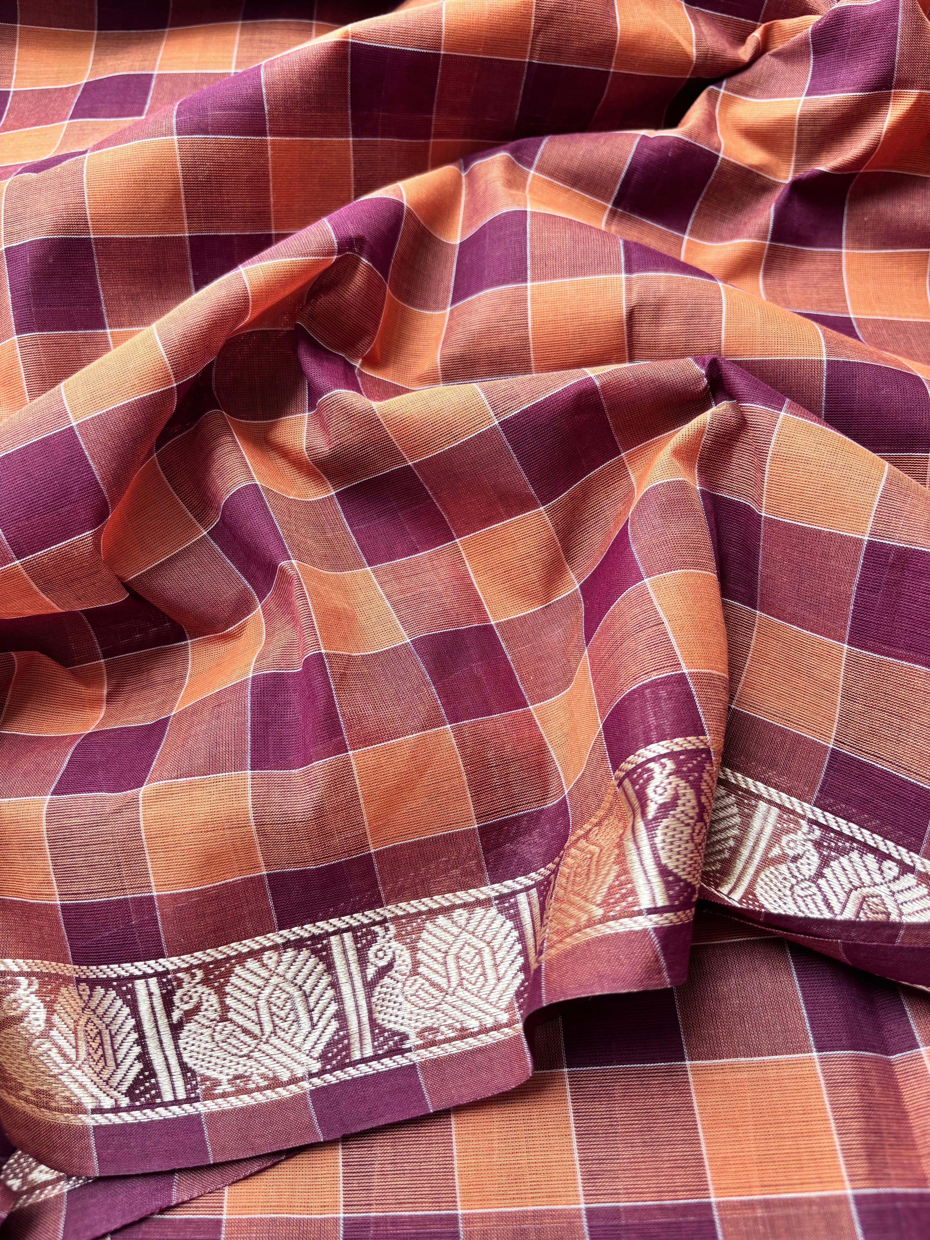 Brown classic Madras Checks in Pure Chettinad Saree