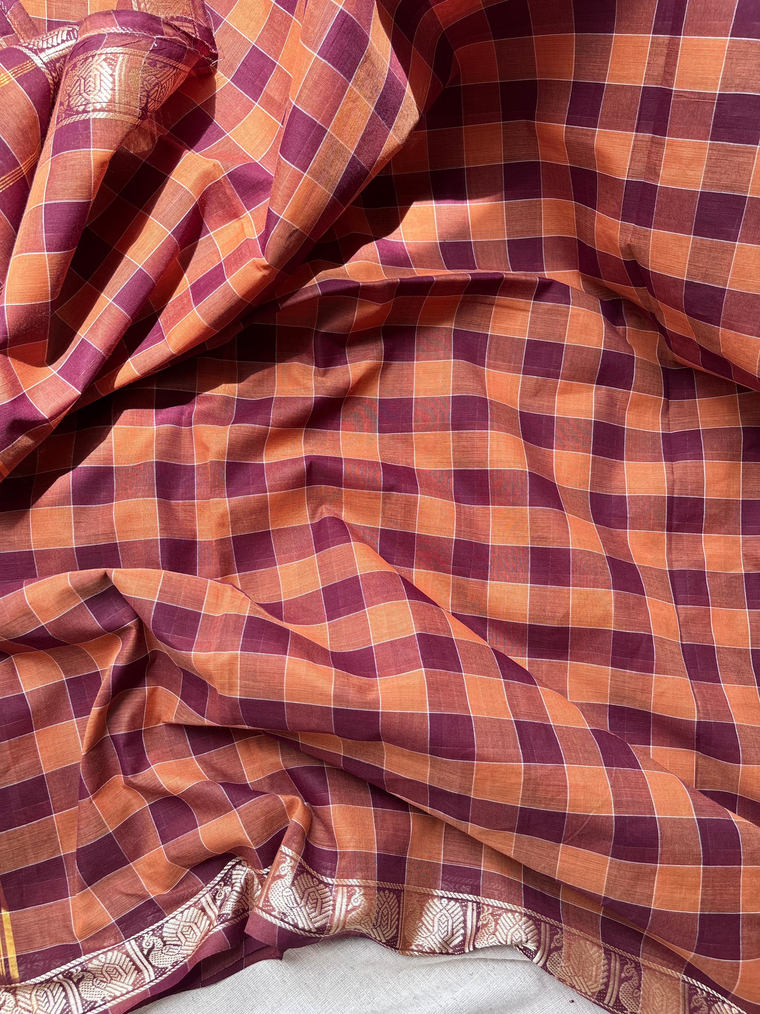 Brown classic Madras Checks in Pure Chettinad Saree