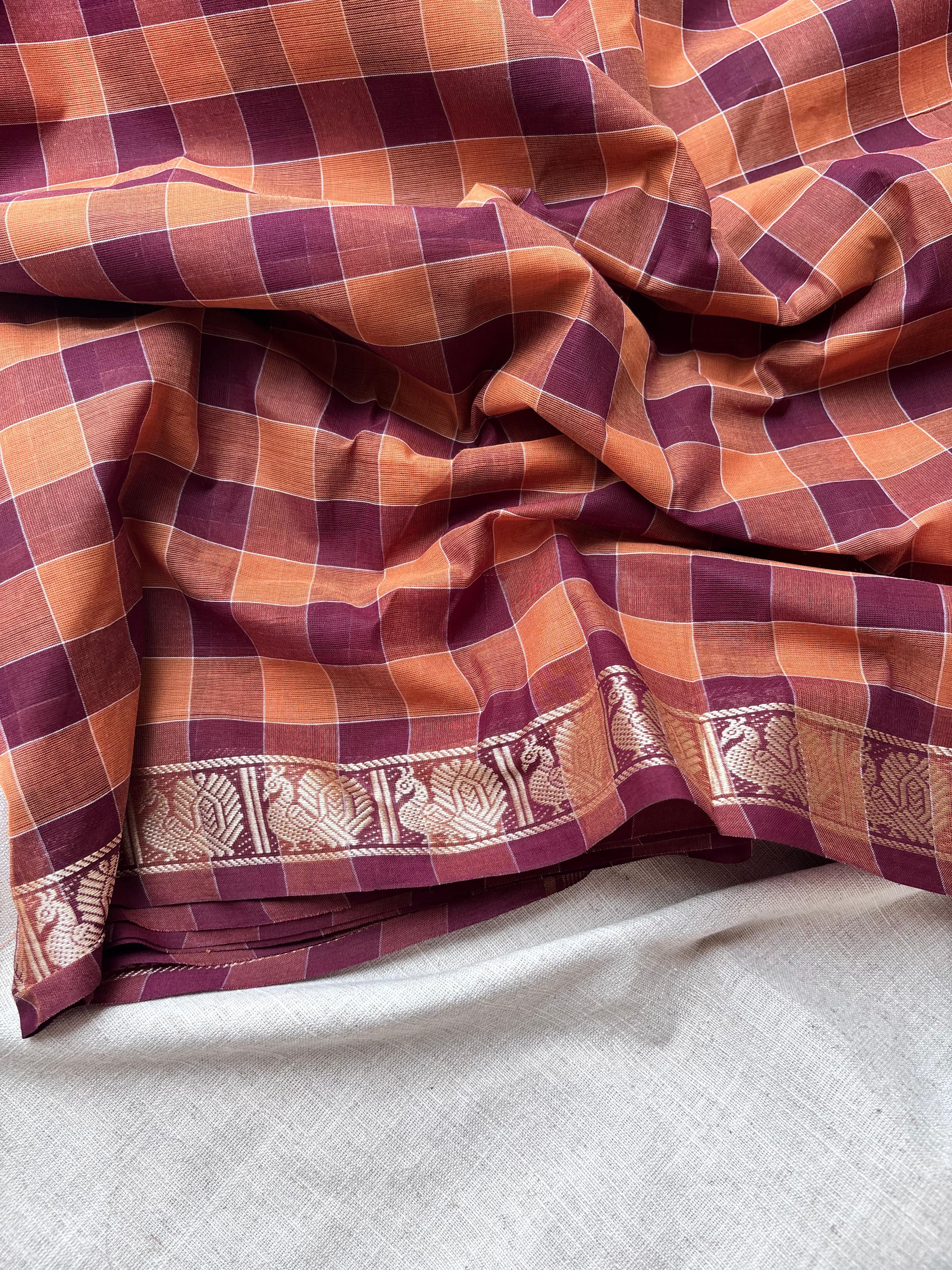 Brown classic Madras Checks in Pure Chettinad Saree