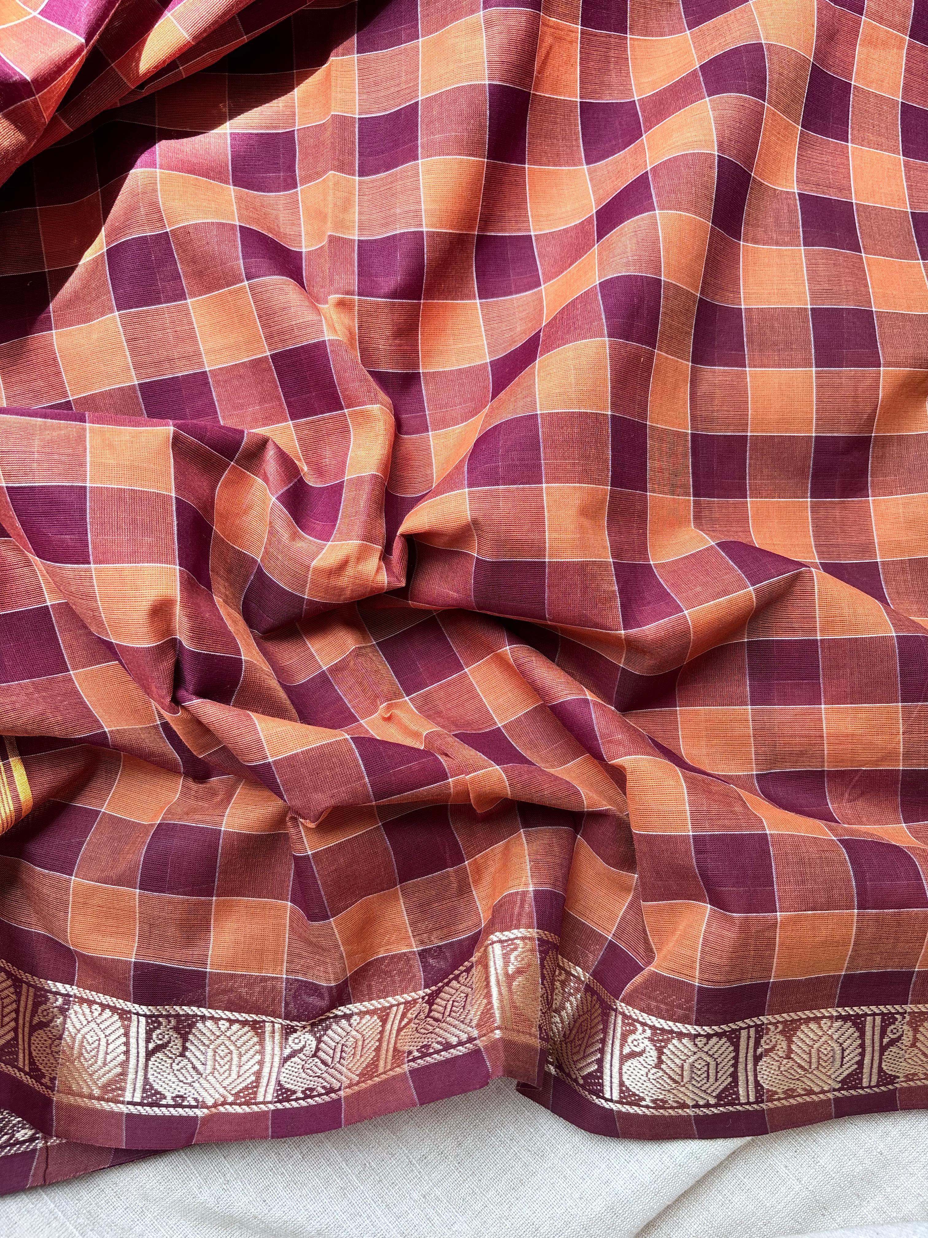Brown classic Madras Checks in Pure Chettinad Saree