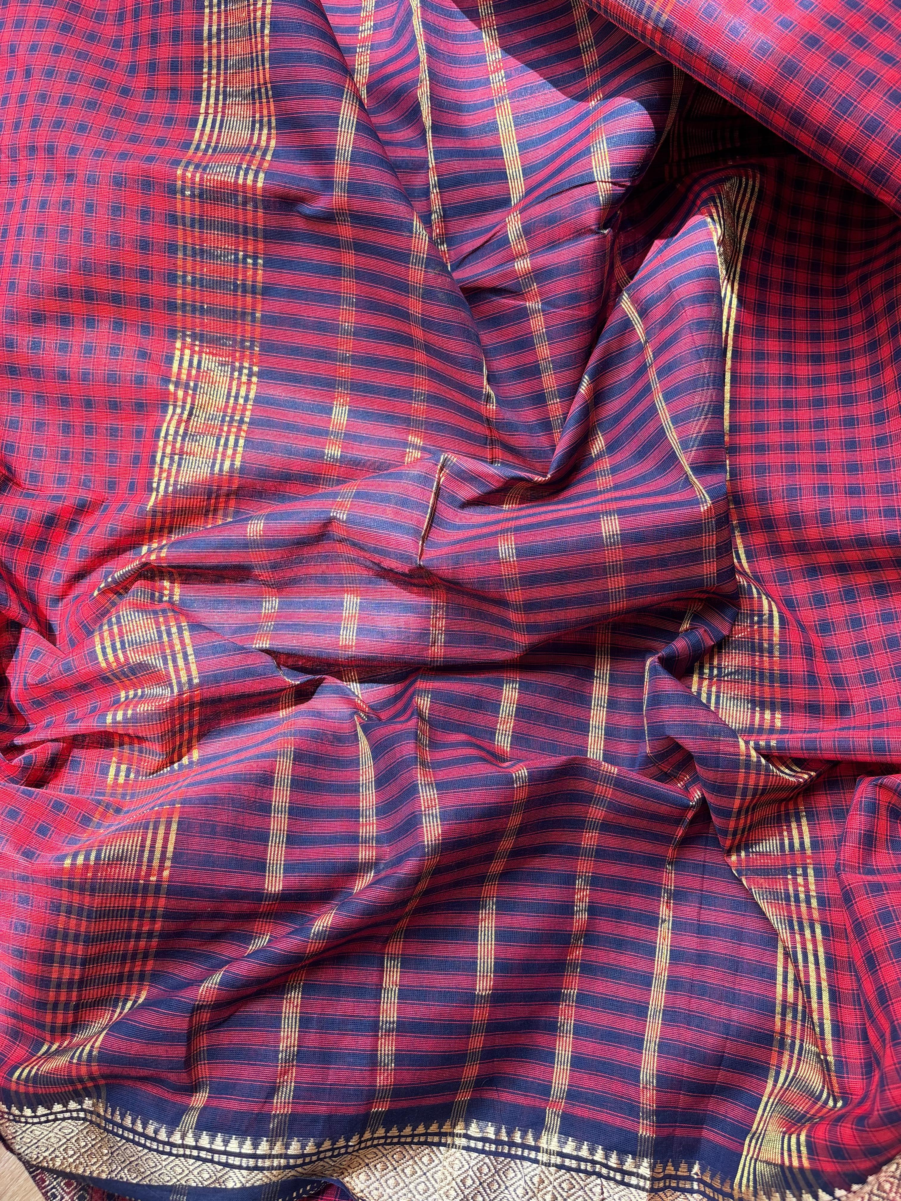 Red & Navy Blue classic Madras Checks in Pure Chettinad Saree