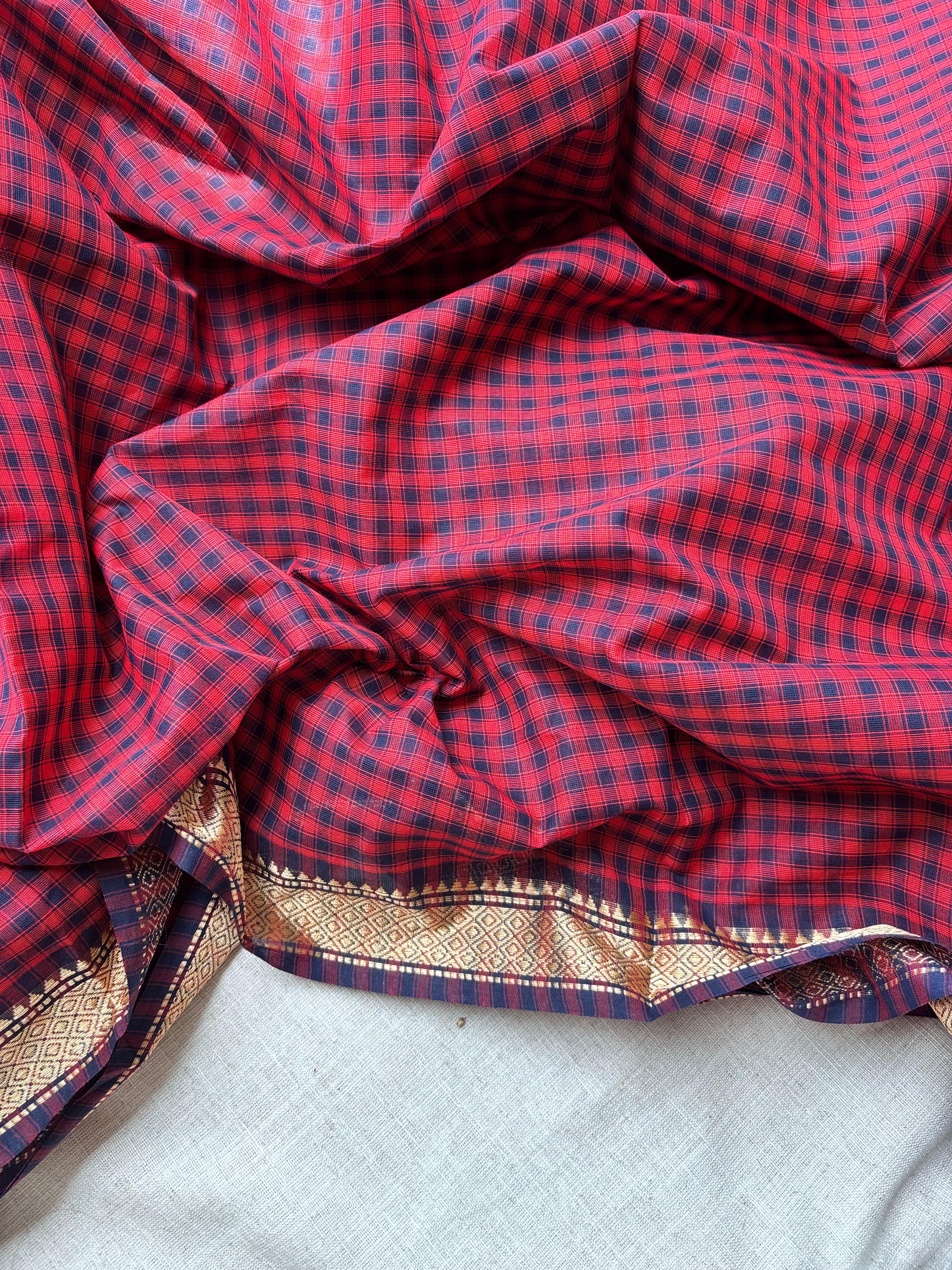 Red & Navy Blue classic Madras Checks in Pure Chettinad Saree