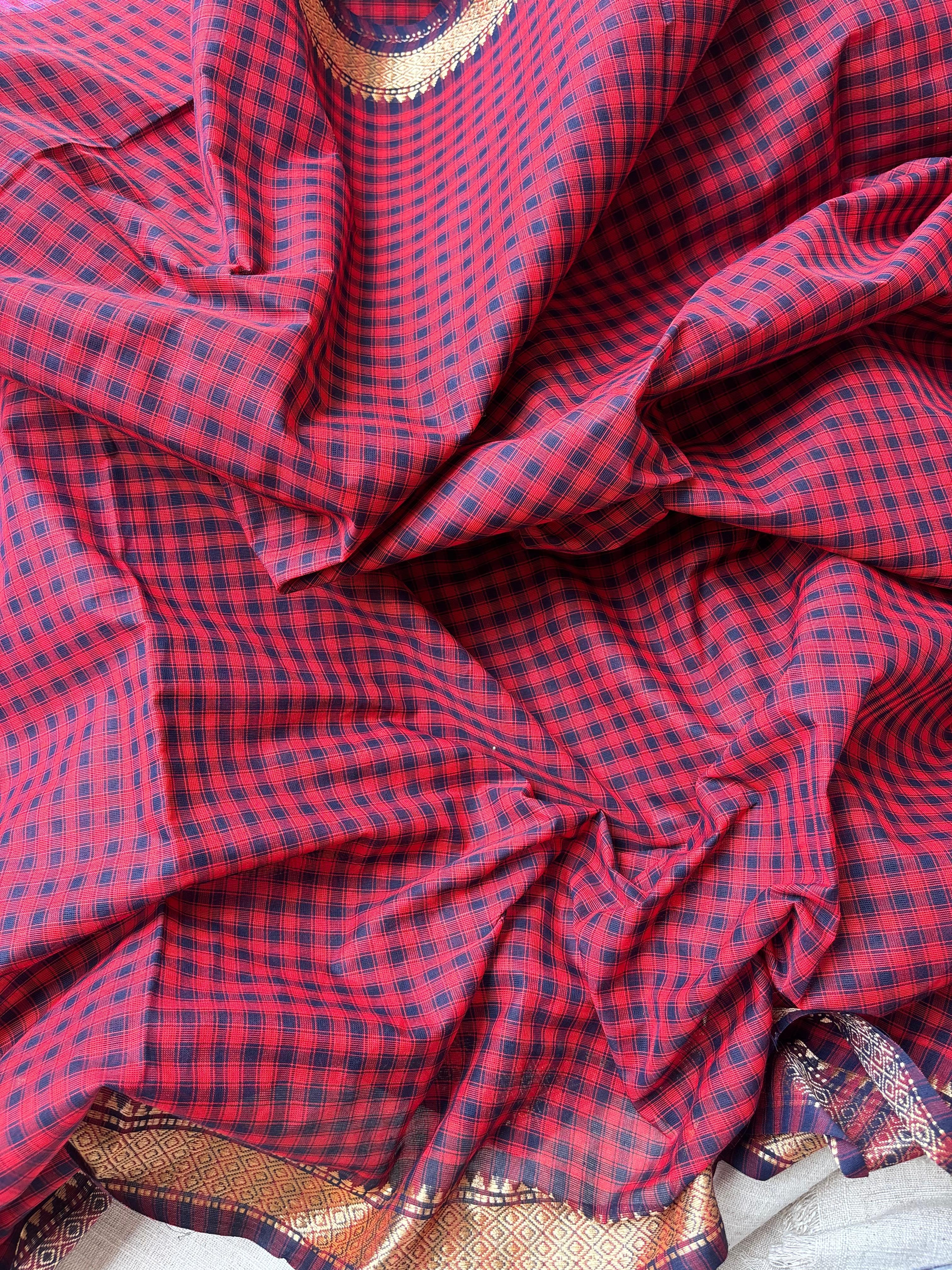 Red & Navy Blue classic Madras Checks in Pure Chettinad Saree