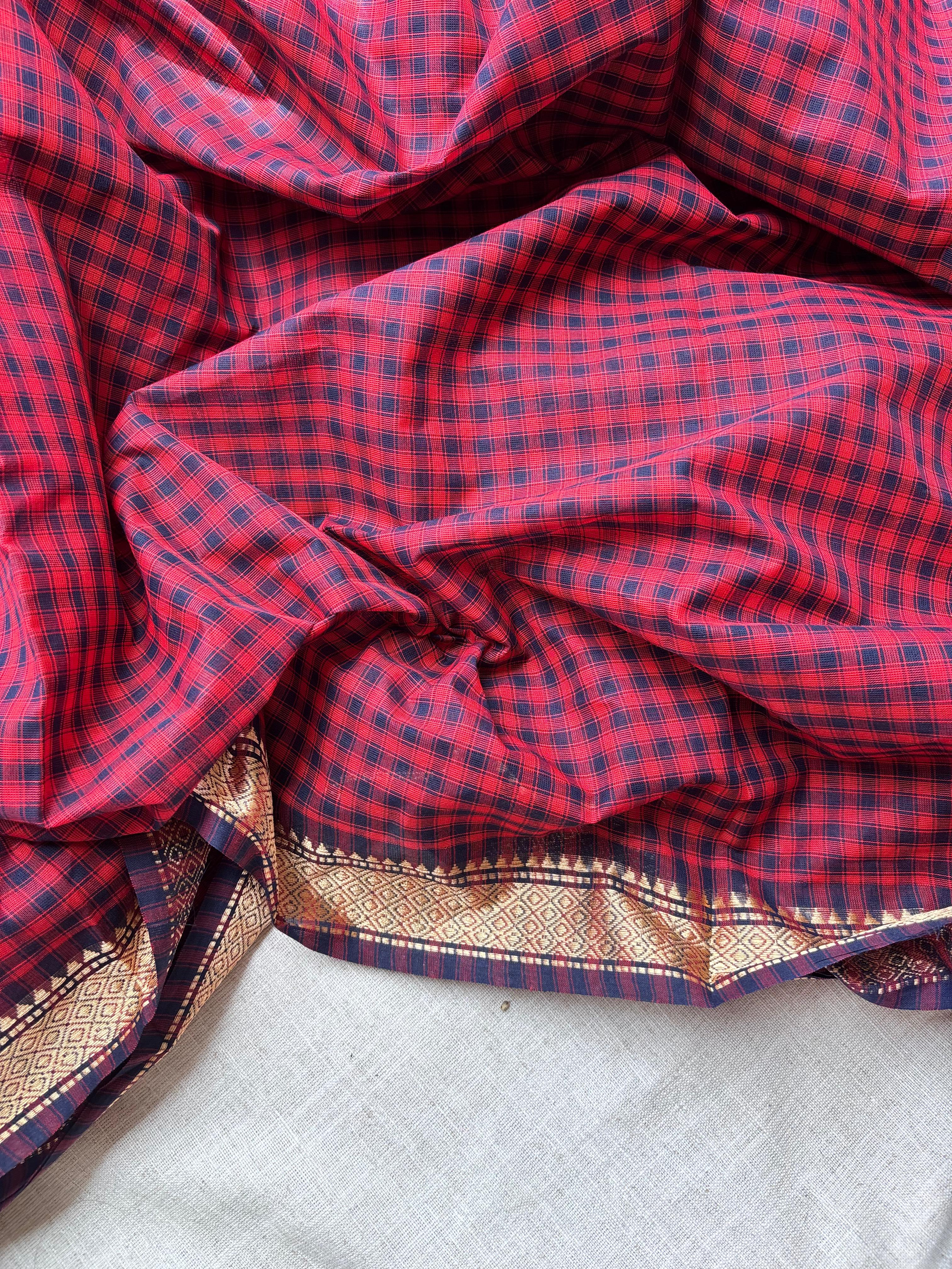 Red & Navy Blue classic Madras Checks in Pure Chettinad Saree