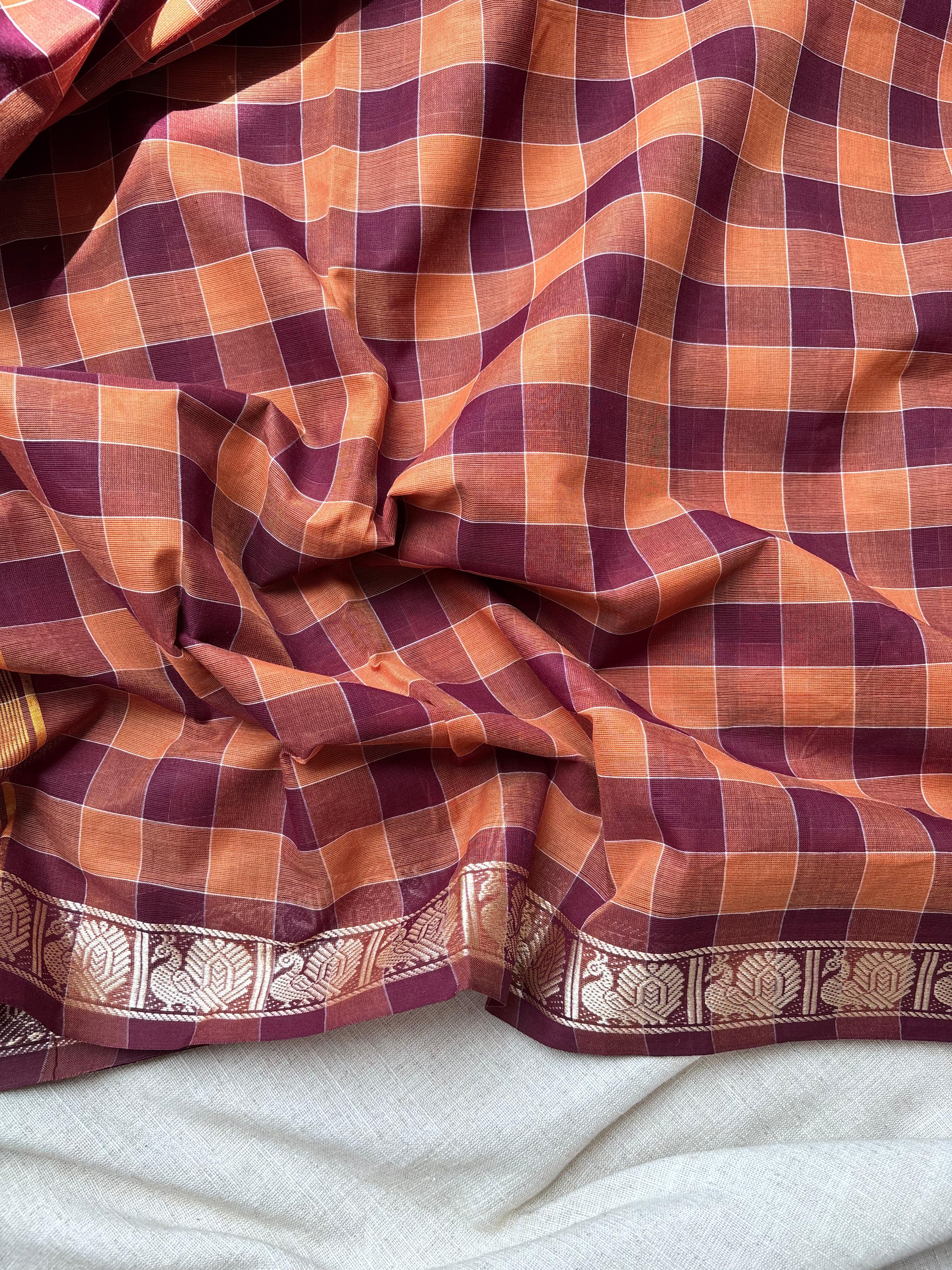 Brown classic Madras Checks in Pure Chettinad Saree