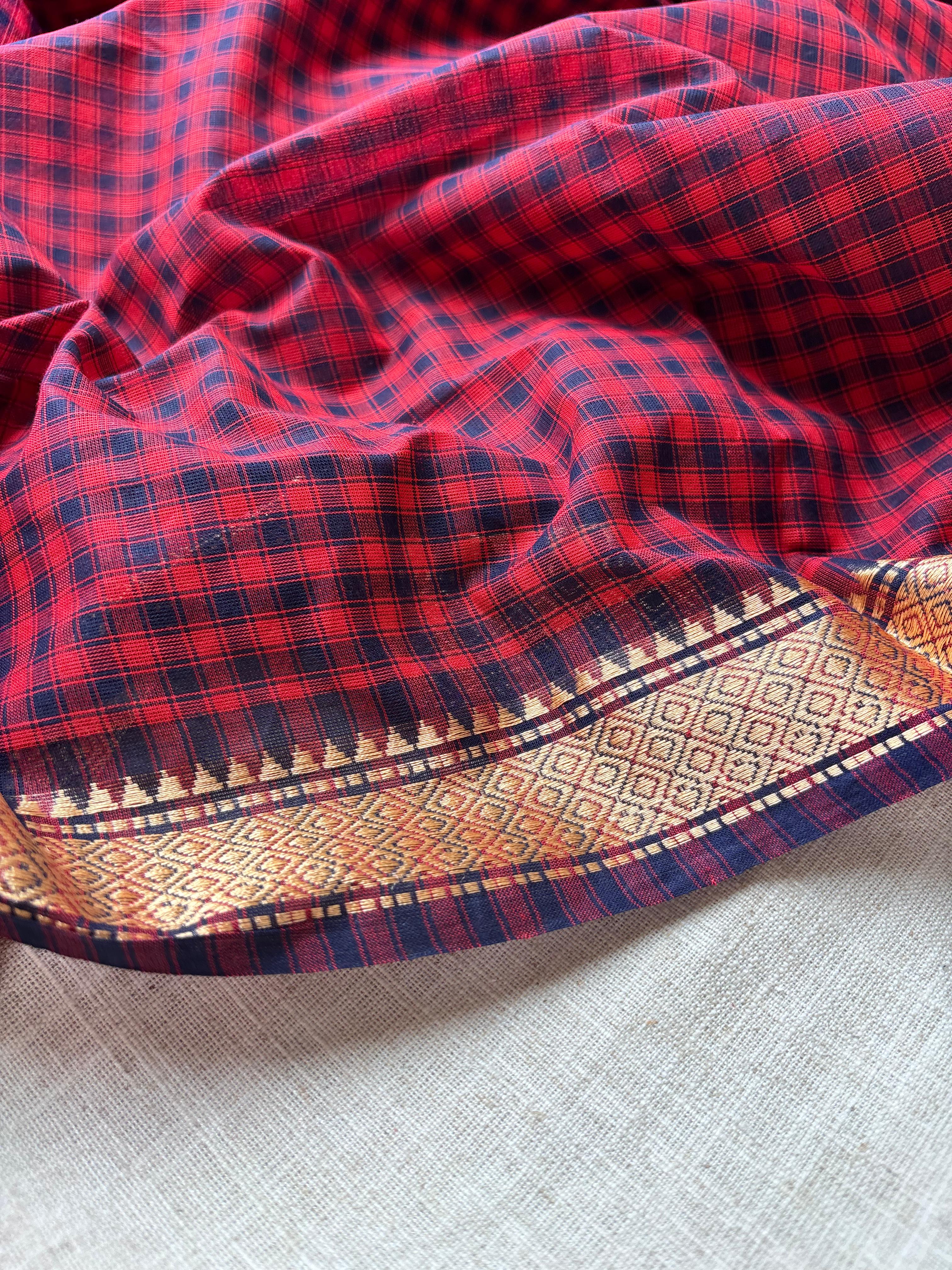 Red & Navy Blue classic Madras Checks in Pure Chettinad Saree