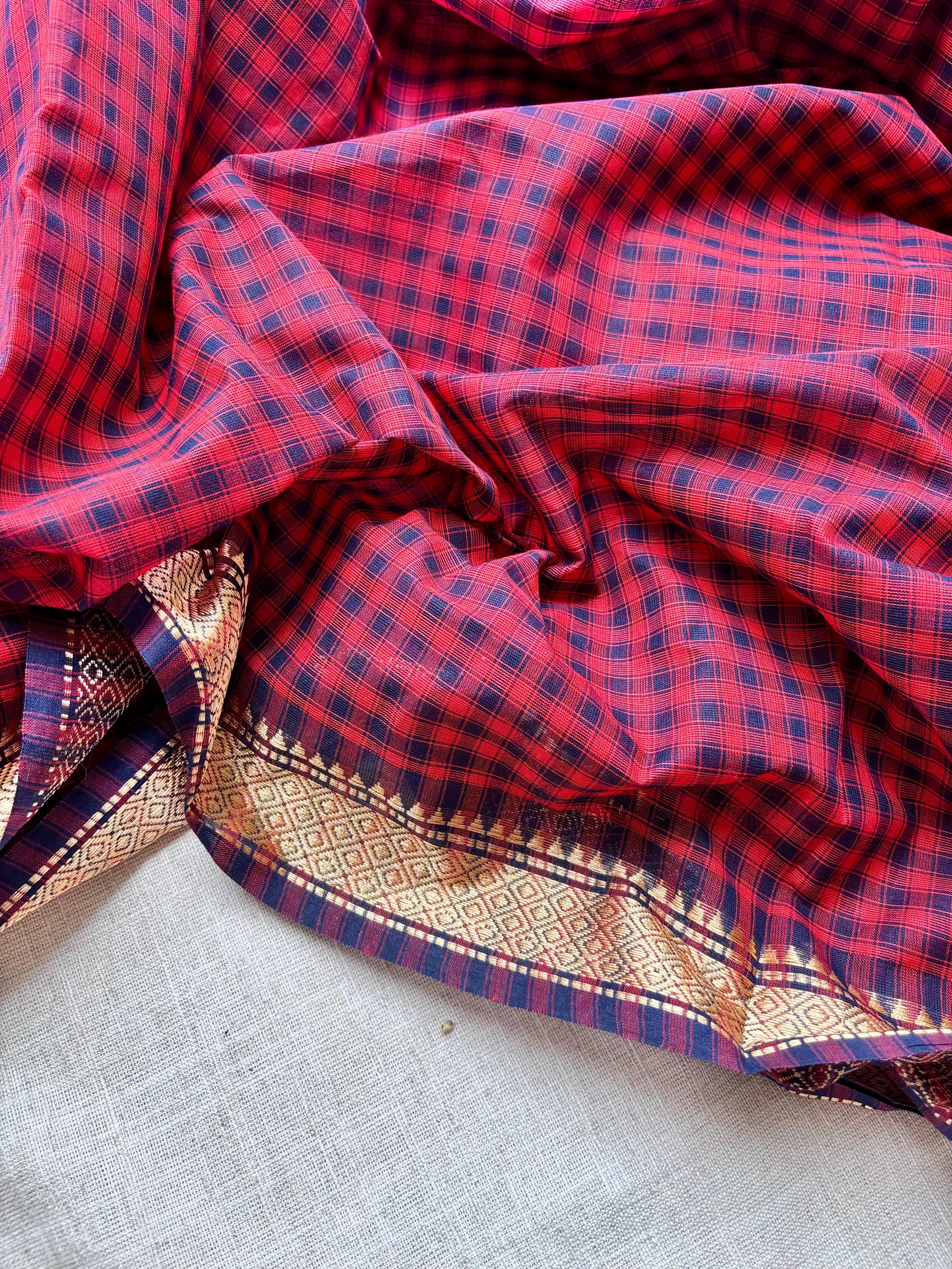 Red & Navy Blue classic Madras Checks in Pure Chettinad Saree