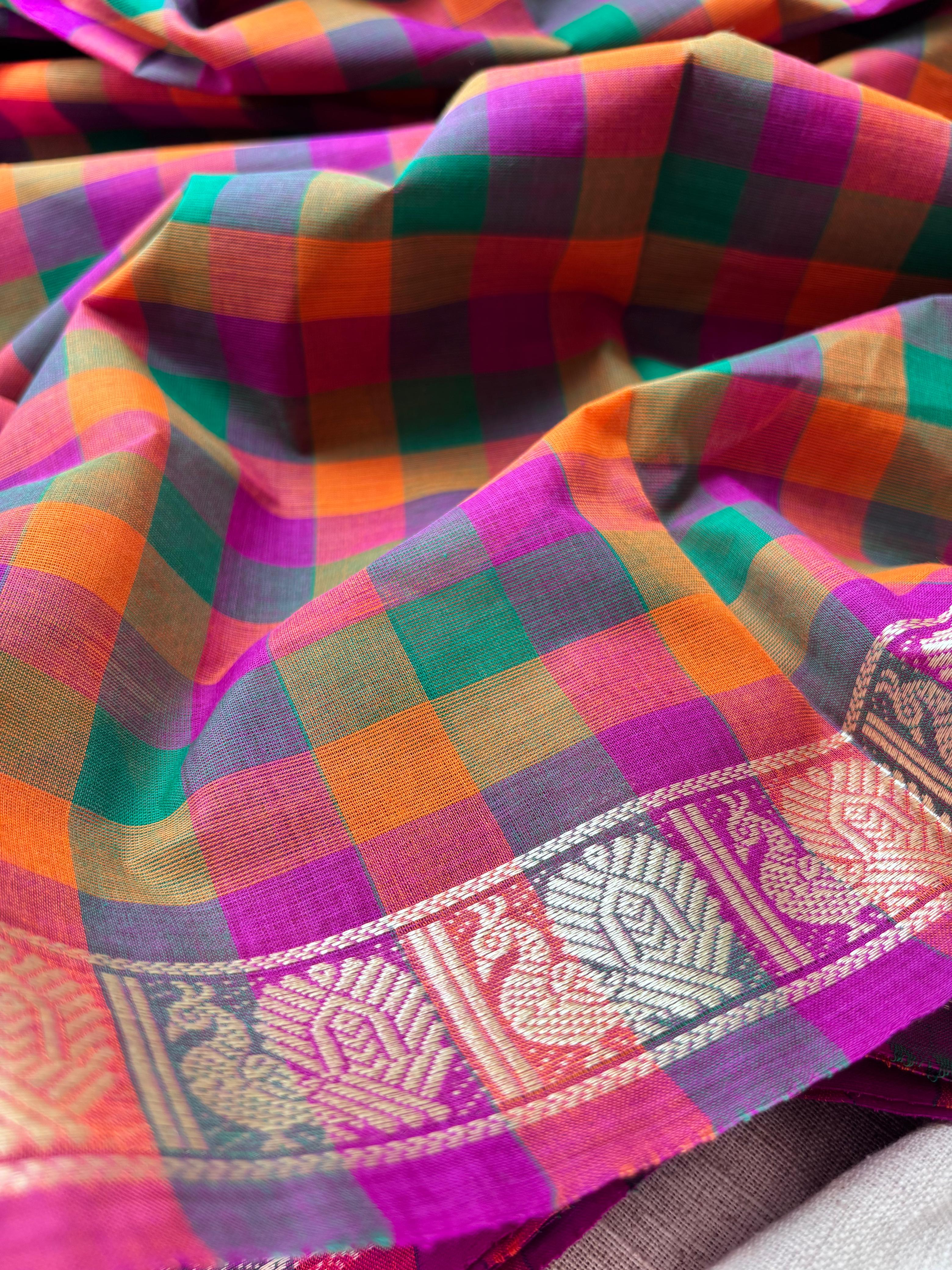 Multicolor classic Madras Checks in Pure Chettinad Saree