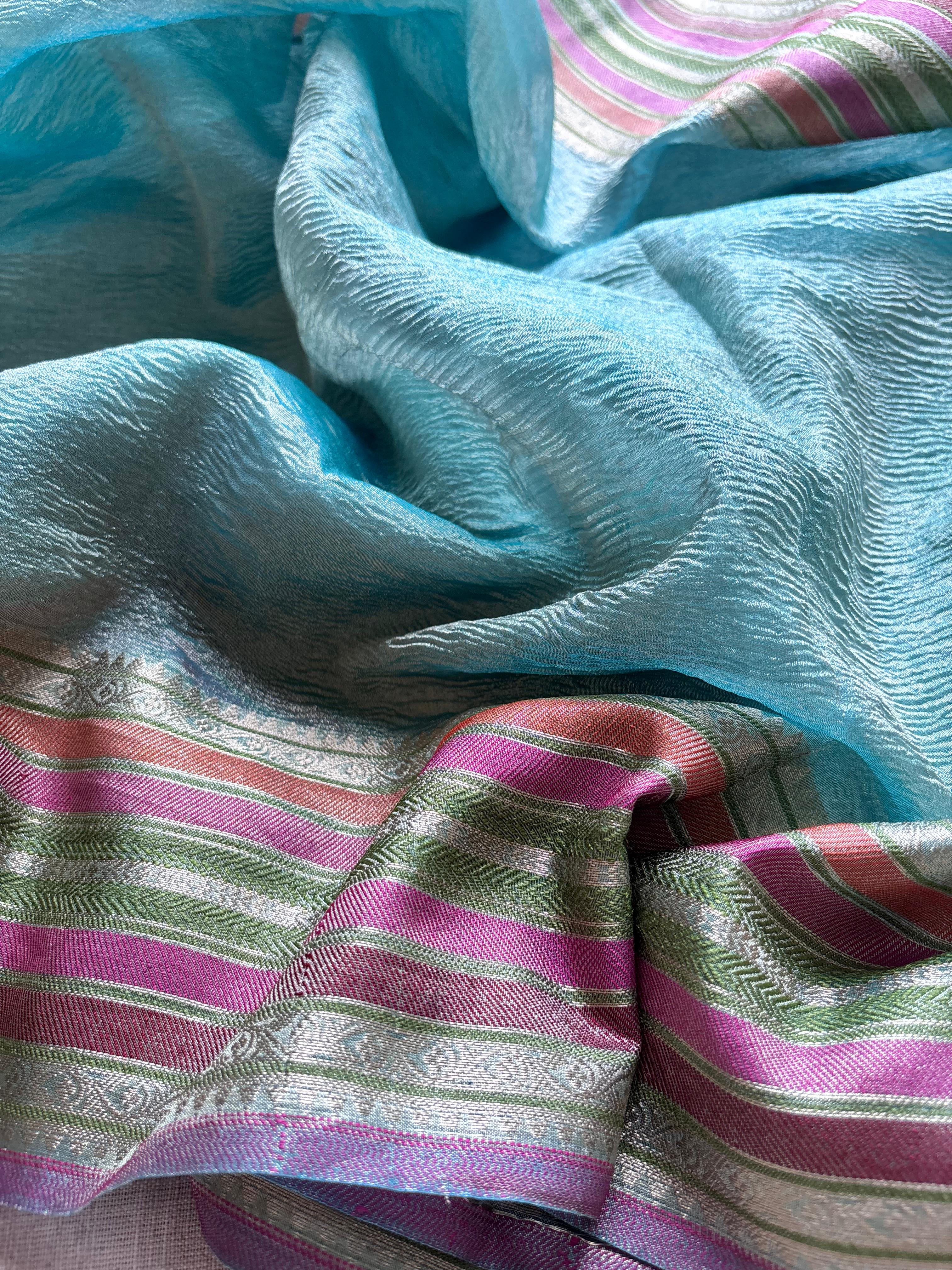 Turquoise Blue Crushed Tissue Saree