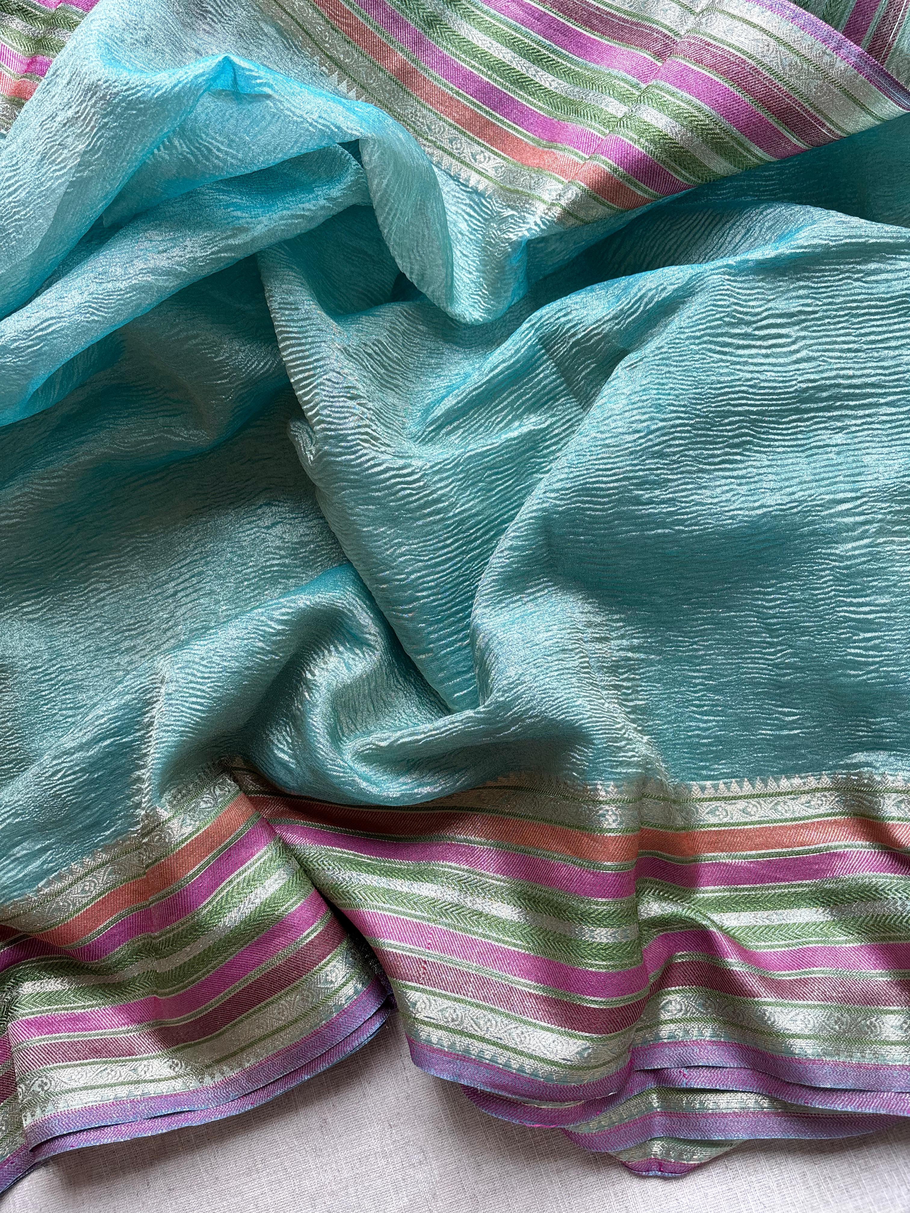 Turquoise Blue Crushed Tissue Saree