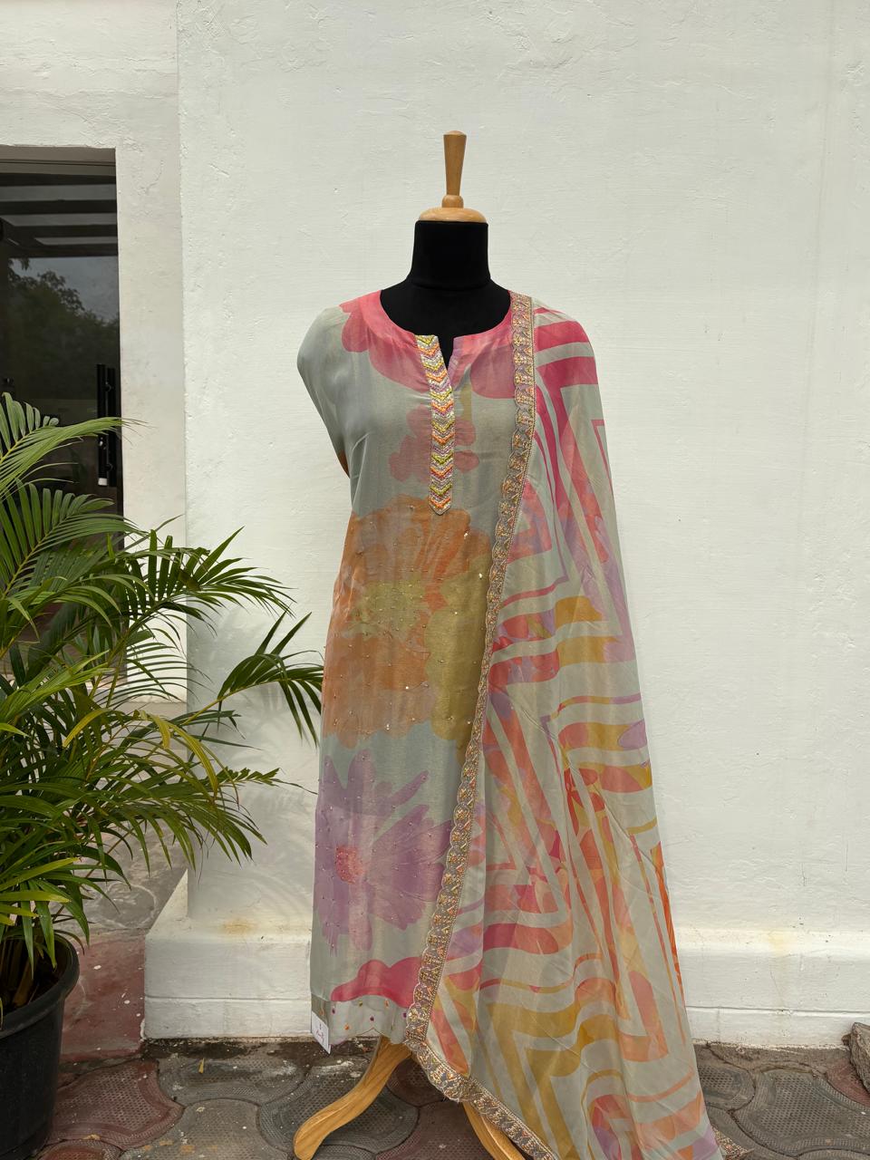 pink floral tissue semi stitched salwar suit