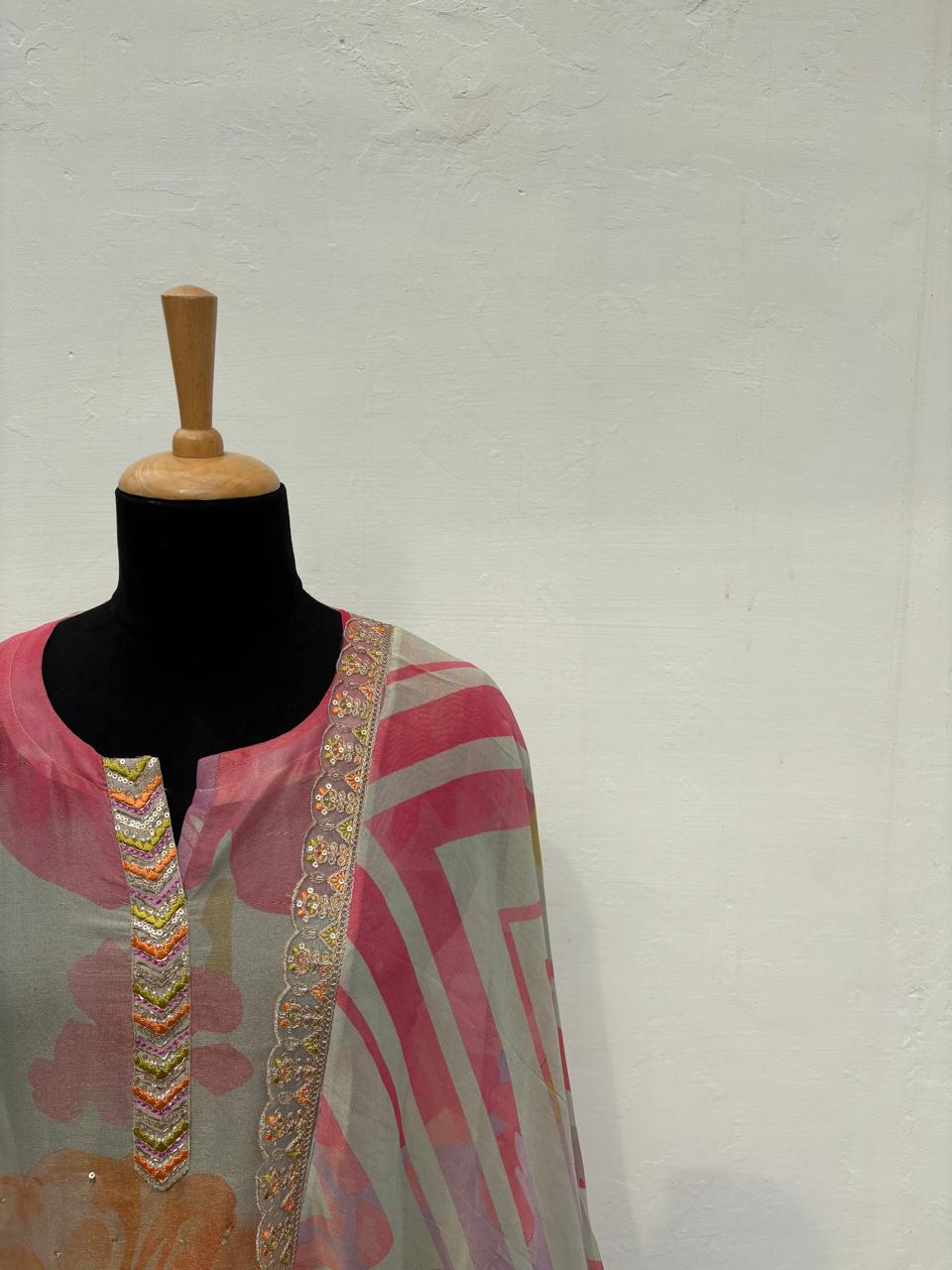 pink floral tissue semi stitched salwar suit